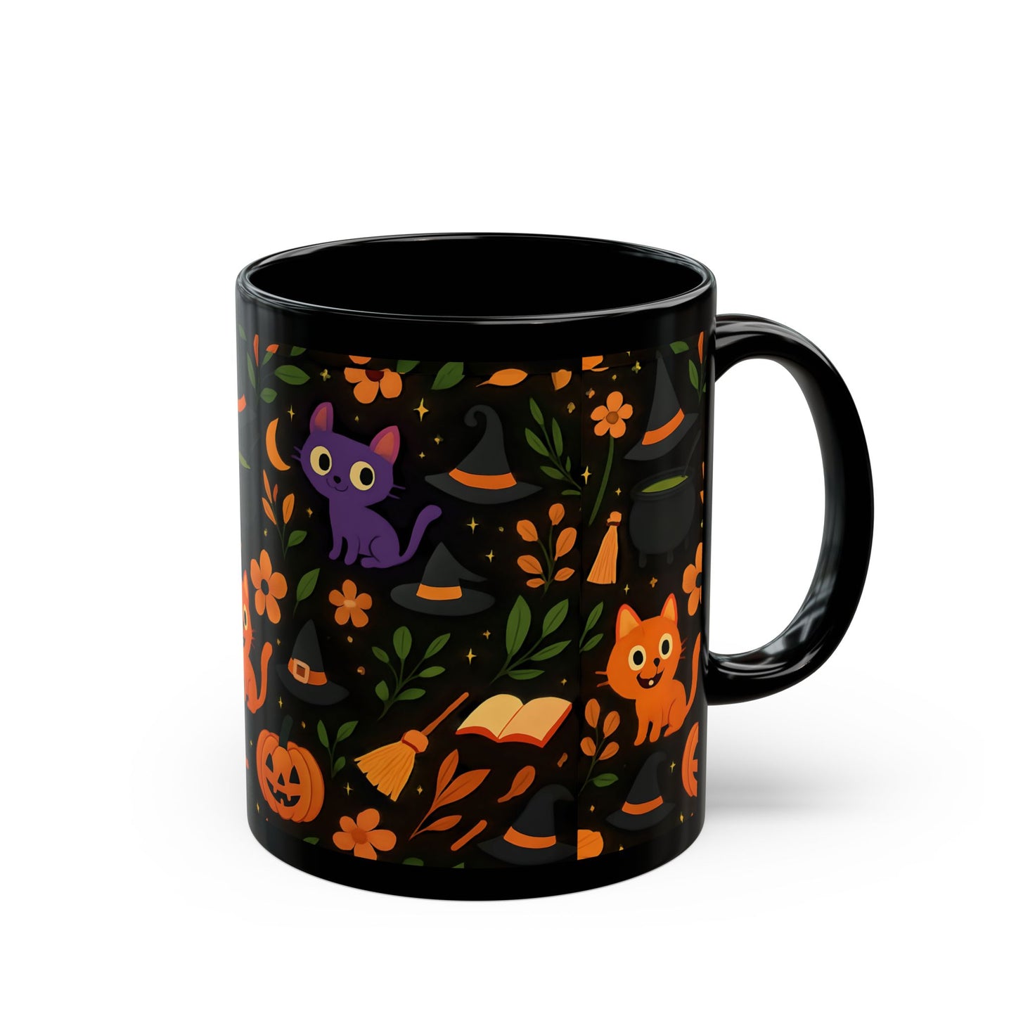 Colourful cat Halloween mug,featuring a cheeky cat with all things Halloween, making it the perfect spooky mug for both hot chocolates and enchanting brews.