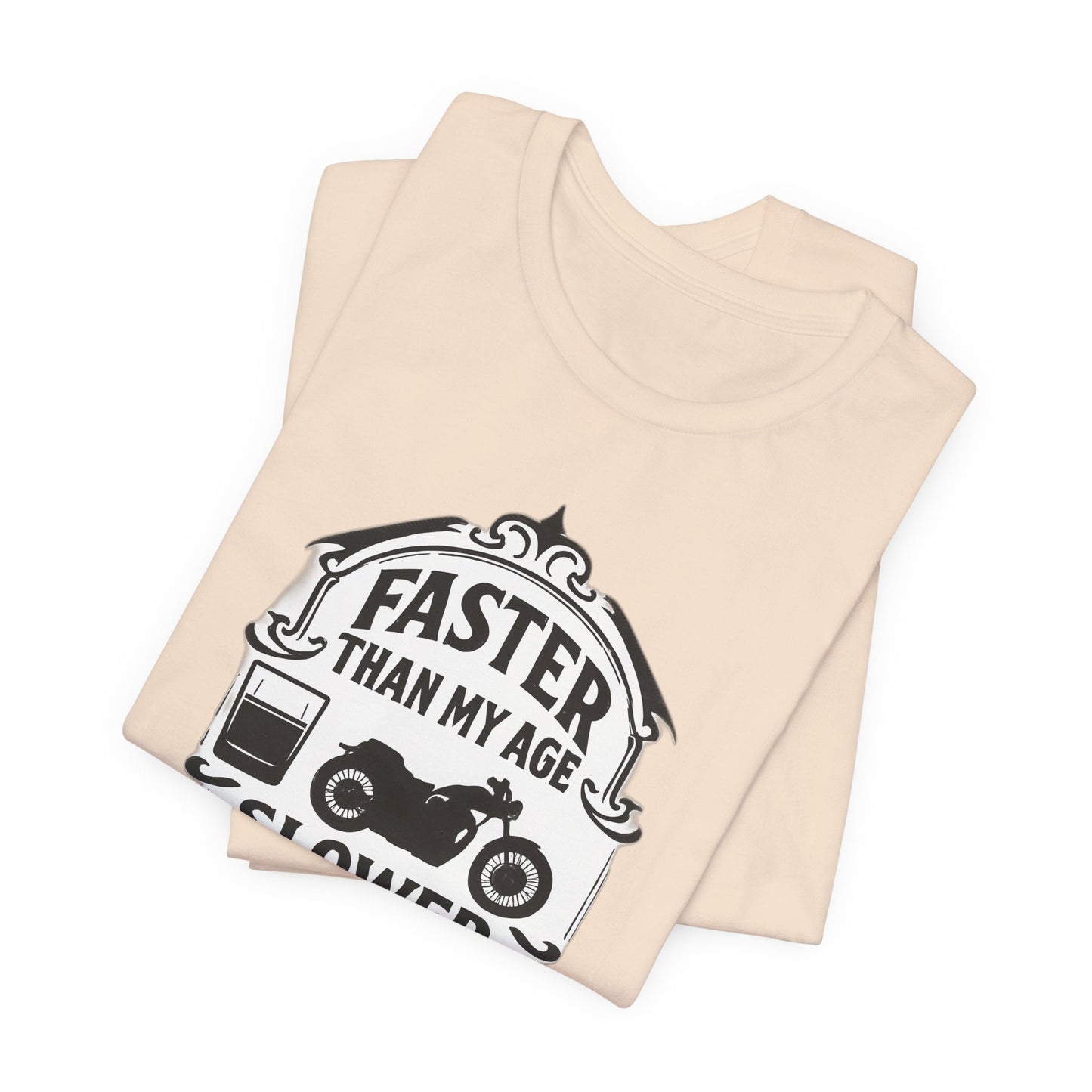 Faster Than My Age Slower Than My Whiskey T-shirt, This vintage-inspired motorbike tee is a salute to the open road, perfect as both biker apparel and a distinctive biker gift