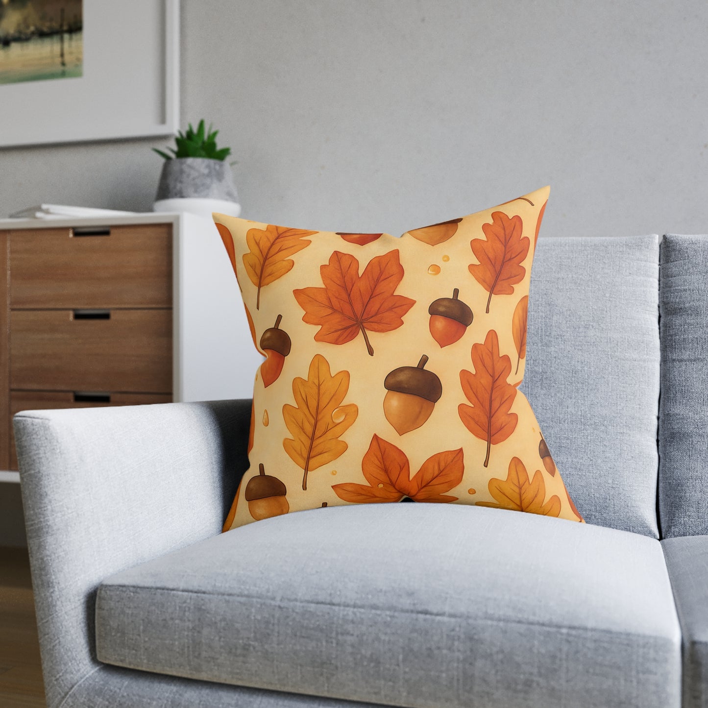 Autumnal Leaf Acorn Pillow, A tapestry of rich golden hues and crisp details, this autumn leaves pillow captures the essence of a forest carpeted with leaves, softening your space with its warm charm.