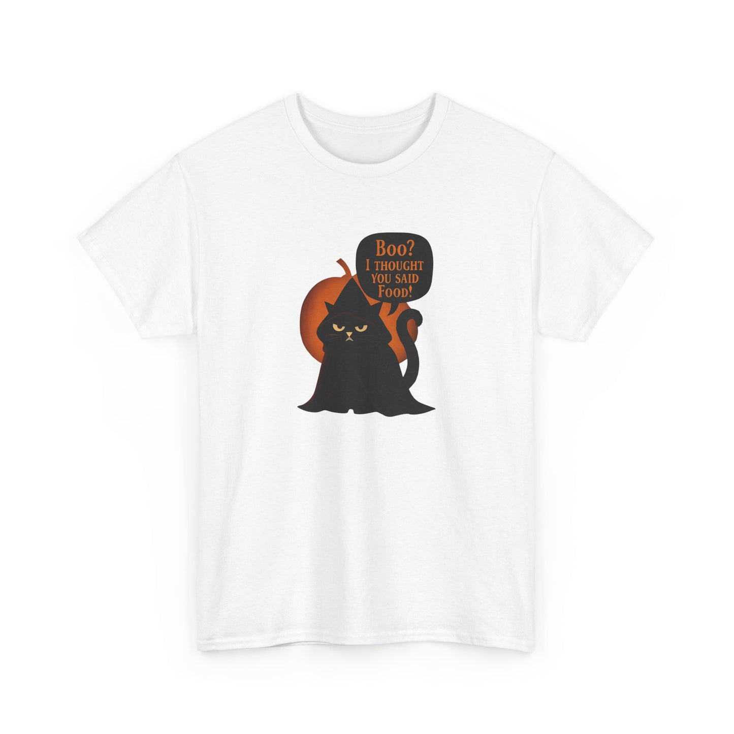 Boo? I Thought U Said Food Halloween T-Shirt, The funny fat cat illustration captures the heart of all who adore their feline friends, especially those who can't resist a chuckle over cat food antics.