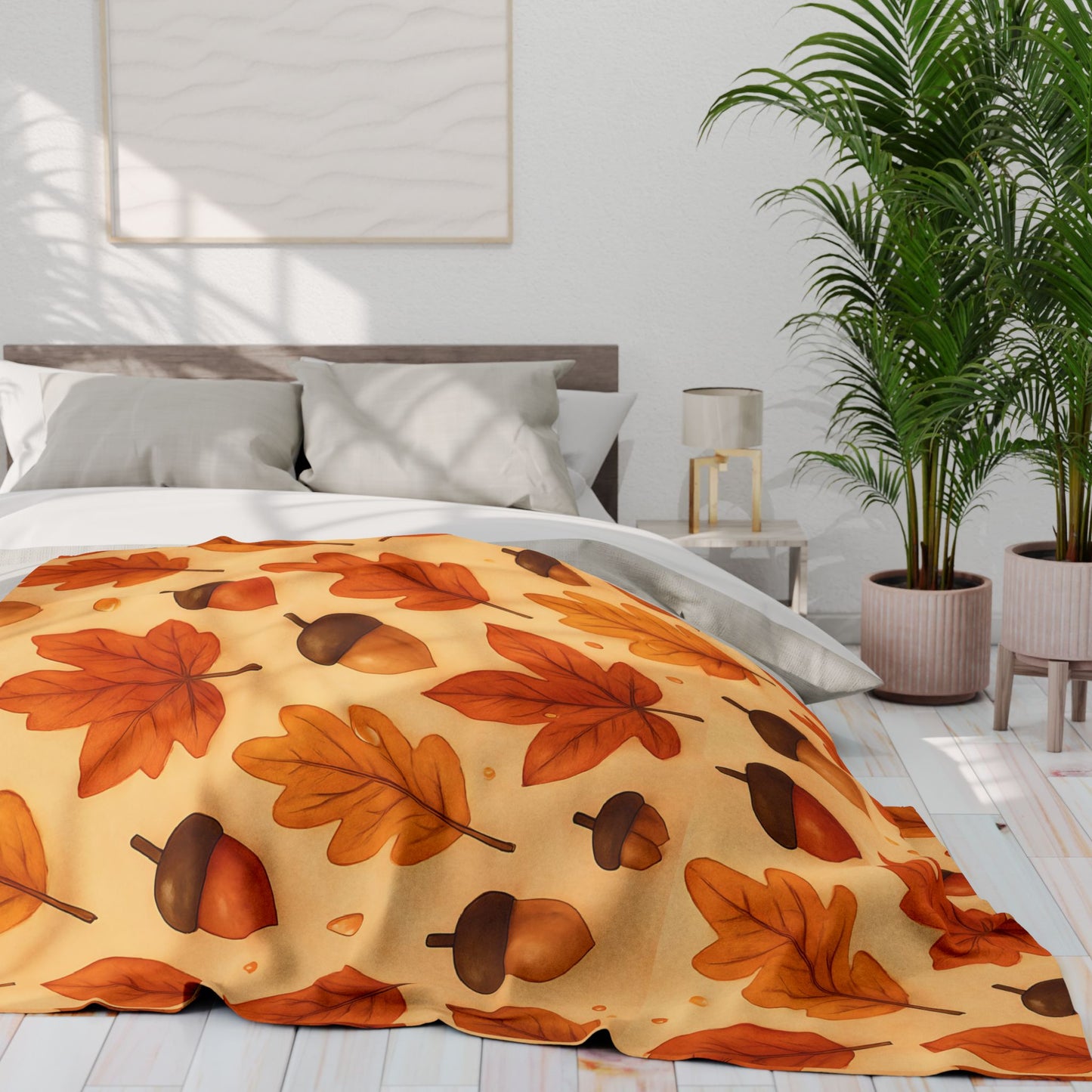 Autumnal Leaf Blanket Throw, This soft cozy blanket, adorned with intricate oak leaf acorn patterns, seamlessly captures the essence of the autumn eason