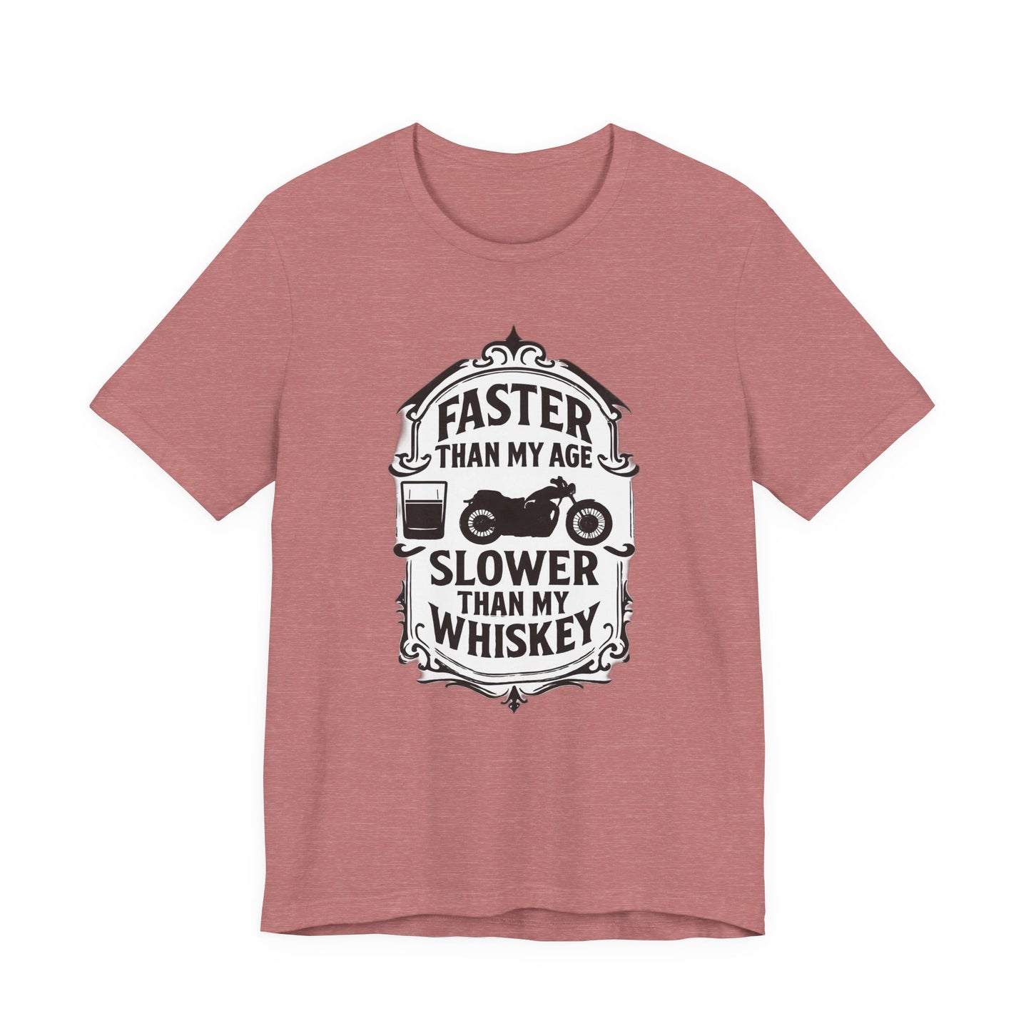 Faster Than My Age Slower Than My Whiskey T-shirt, This vintage-inspired motorbike tee is a salute to the open road, perfect as both biker apparel and a distinctive biker gift