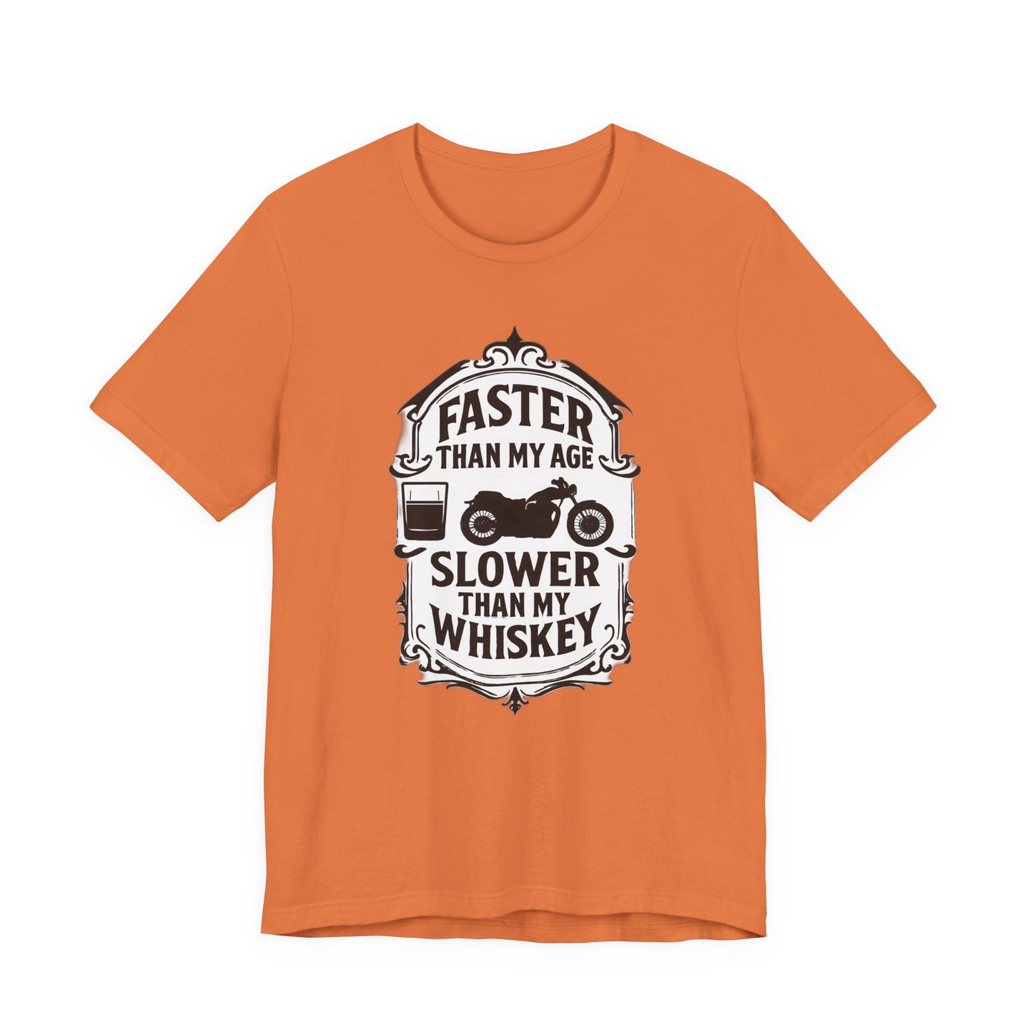 Faster Than My Age Slower Than My Whiskey T-shirt, This vintage-inspired motorbike tee is a salute to the open road, perfect as both biker apparel and a distinctive biker gift