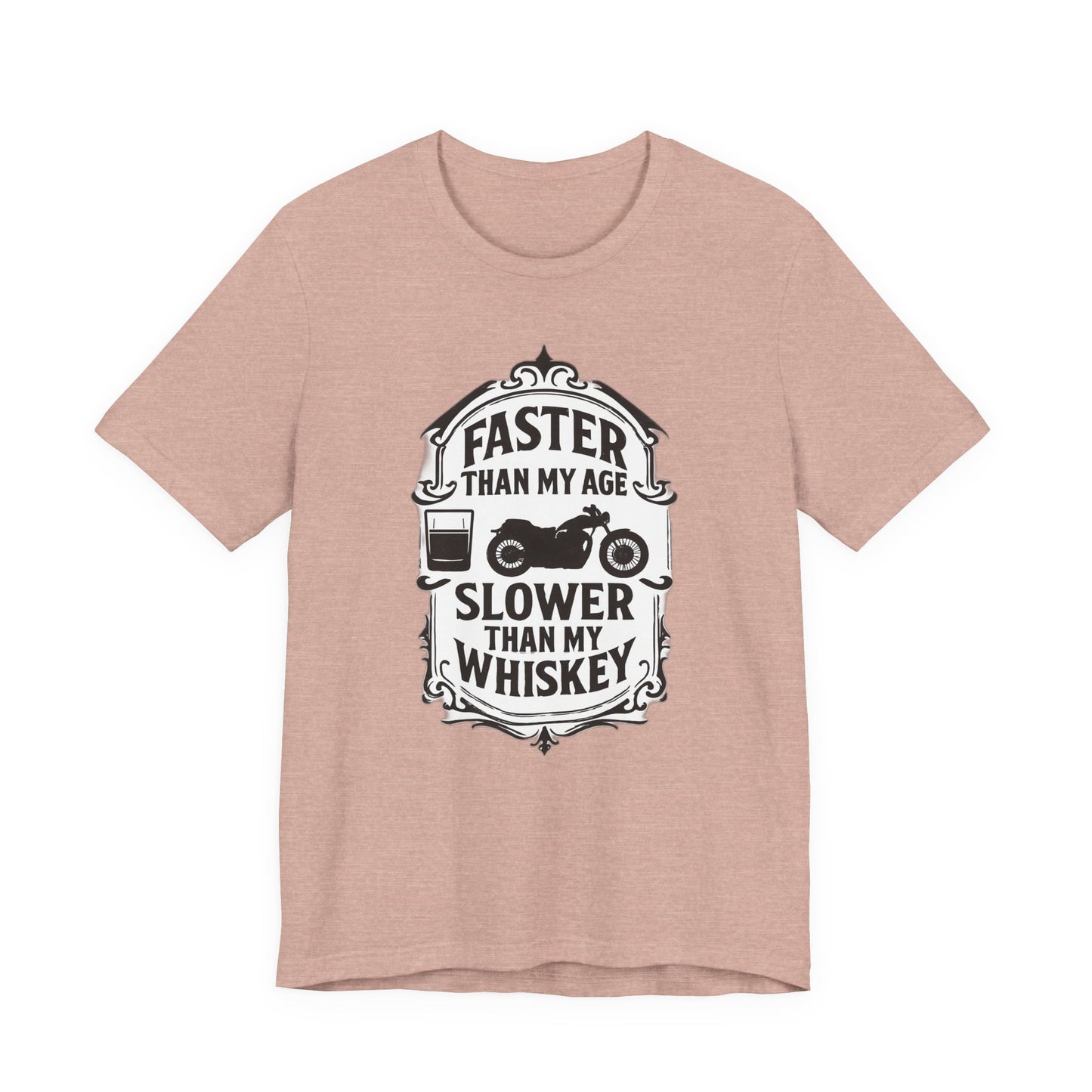 Faster Than My Age Slower Than My Whiskey T-shirt, This vintage-inspired motorbike tee is a salute to the open road, perfect as both biker apparel and a distinctive biker gift