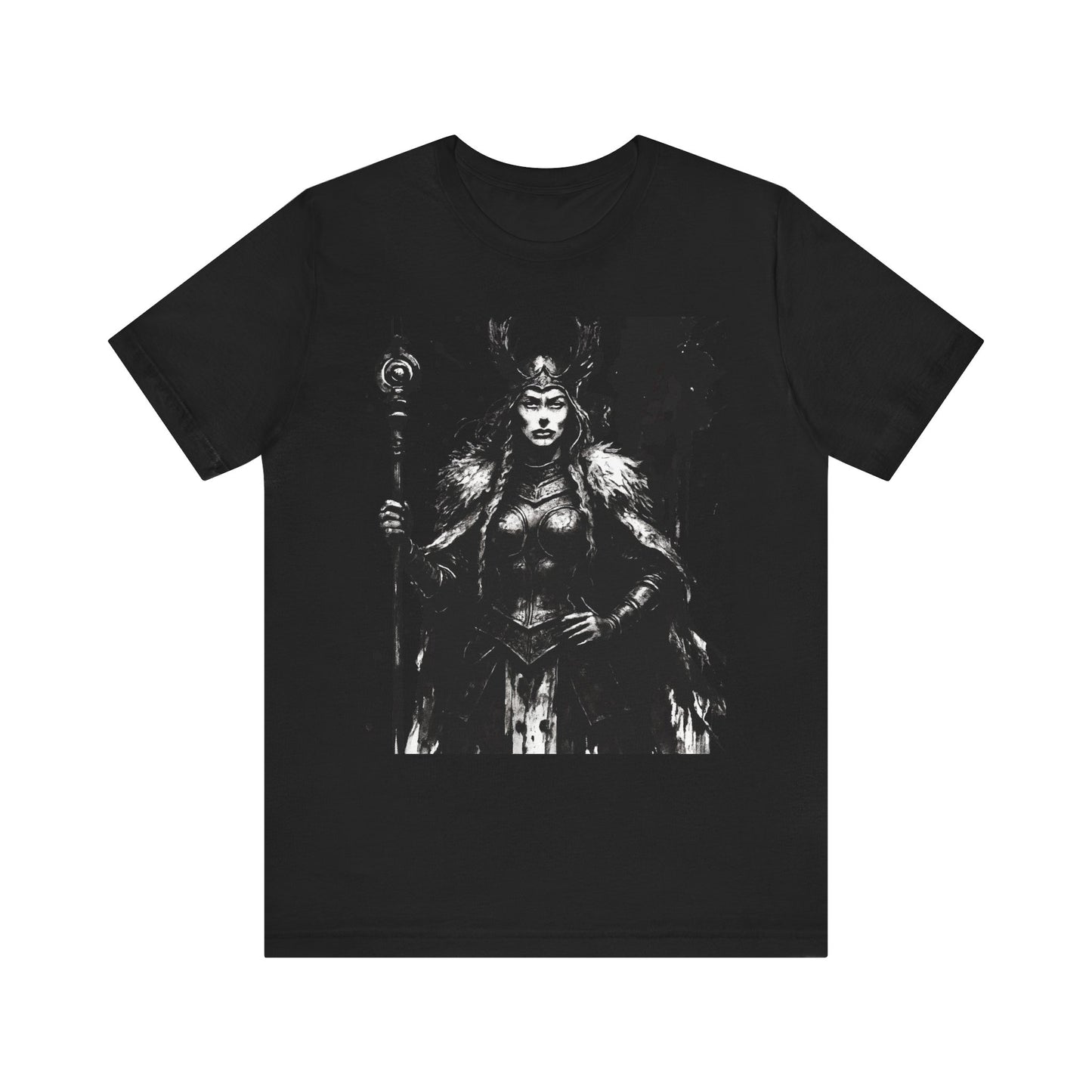 Frigg Norse Goddess T-shirt, captures the essence of Frigg, the revered Norse goddess, renowned in Nordic mythology as the embodiment of foresight and wisdom.