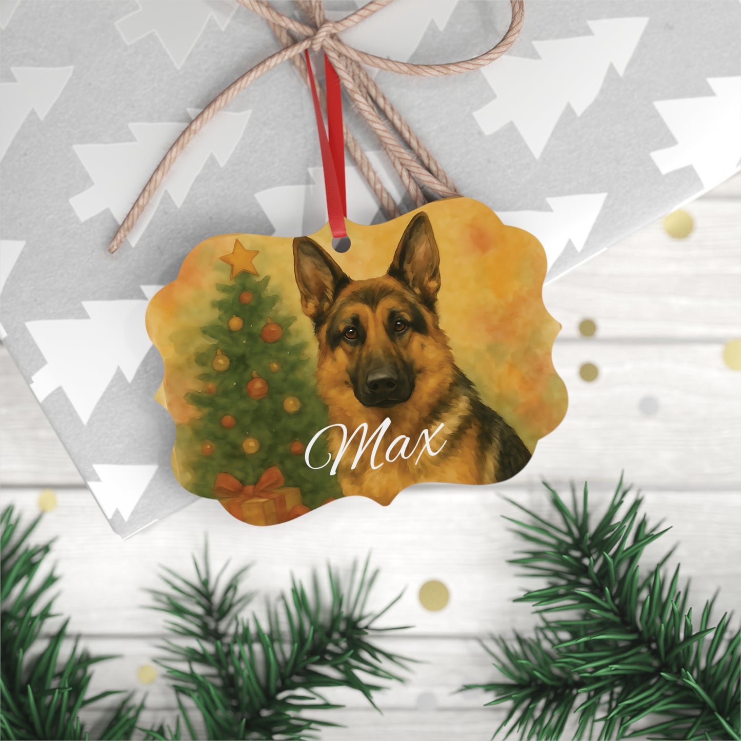 Festive German Shepherd Tree Ornament, A beautifully designed piece, it stands out among festive ornaments, honoring the noble german shepherd dog in style.