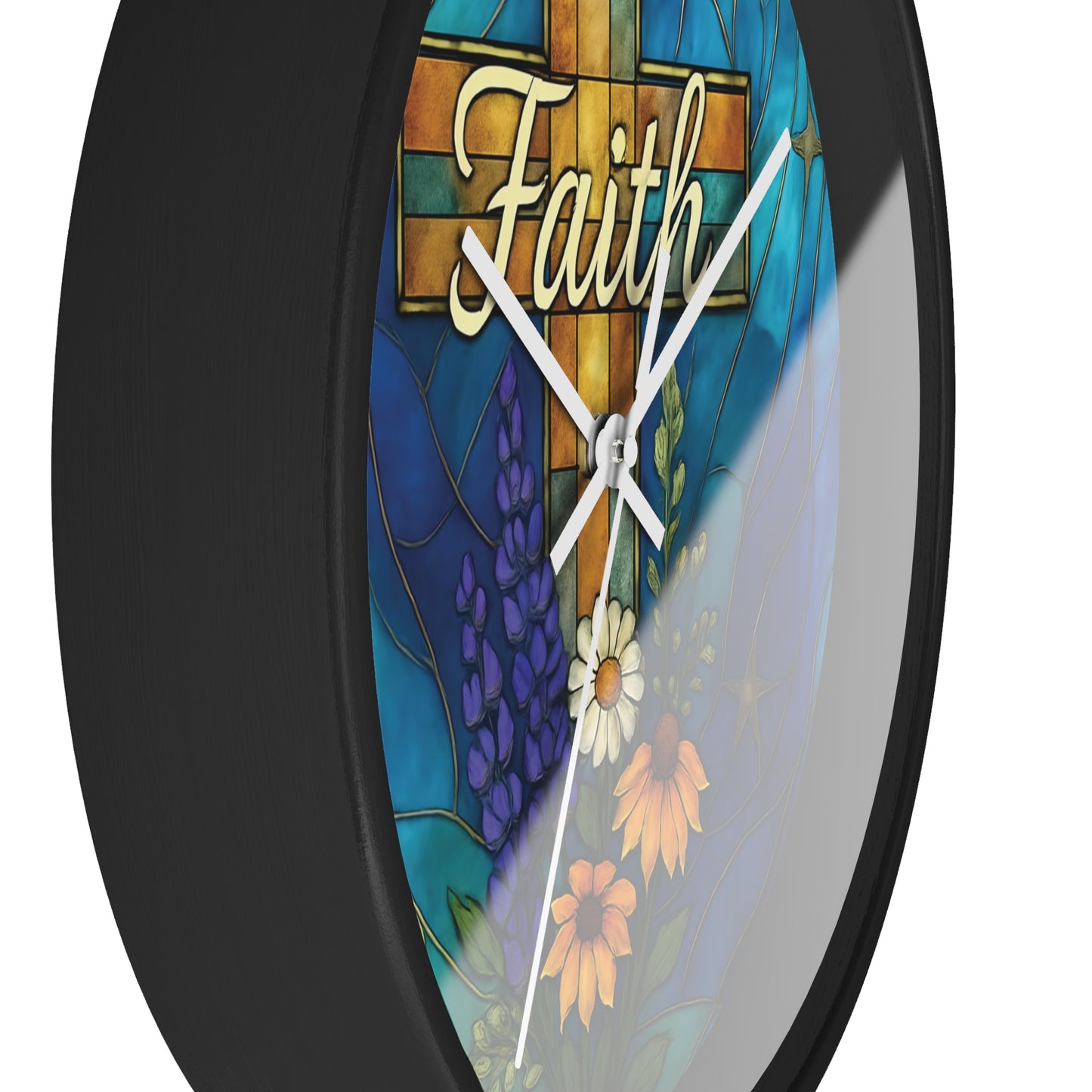 Christianity Faith Cross Stained Glass Effect Wall Clock, Perfect as a Christian clock or as thoughtful Christianity gifts.
