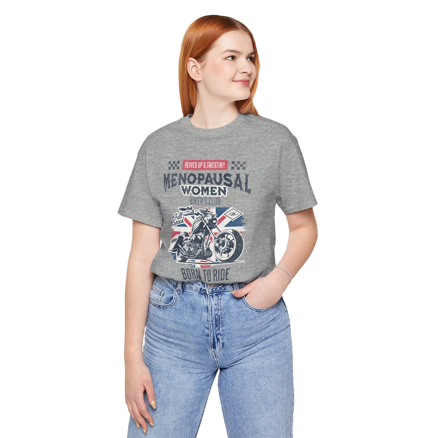 Menopausal Women's Biker Club T-Shirt, Menopause Humor Shirt, Female Biker Tee, Motorcycle Mom Gift, Moto Mama Shirt, Union Jack, Biker Babe