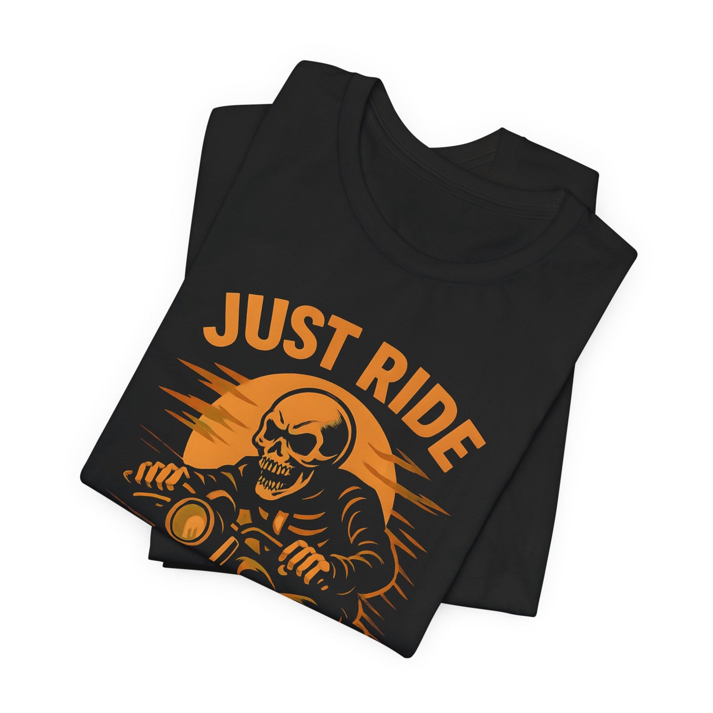 Just Ride Skull Motorcycle T-Shirt, Featuring a striking skull graphic tee design, it captures the essence of the open road, making it a perfect ghost rider shirt for enthusiasts.