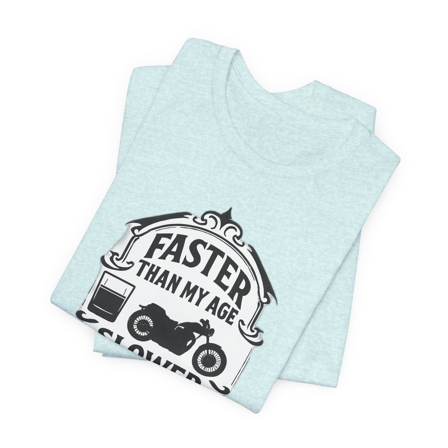 Faster Than My Age Slower Than My Whiskey T-shirt, This vintage-inspired motorbike tee is a salute to the open road, perfect as both biker apparel and a distinctive biker gift