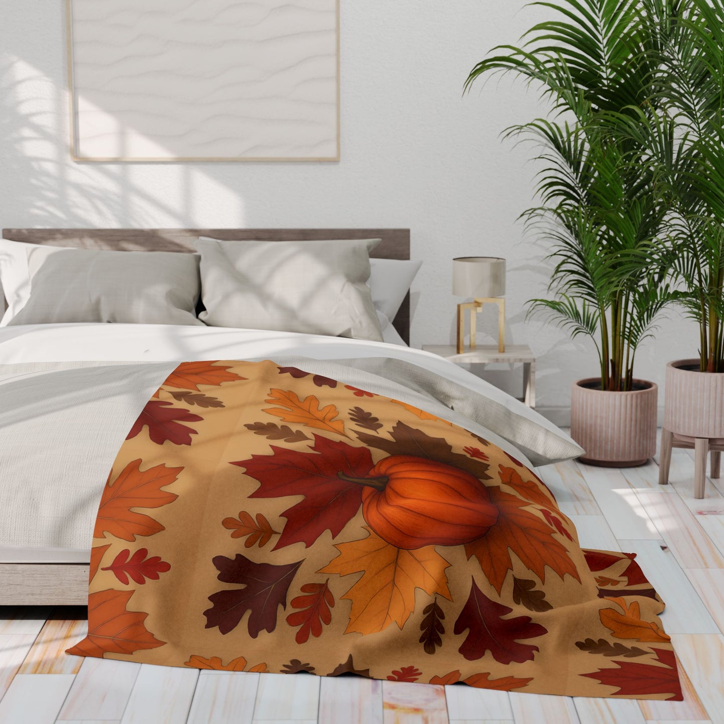 Autumn Leaves and Pumpkin Blanket, this comfy blanket is an autumn symphony for your senses. Perfect as a snuggle blanket for chilly nights or an elegant addition to your autumn decorations.