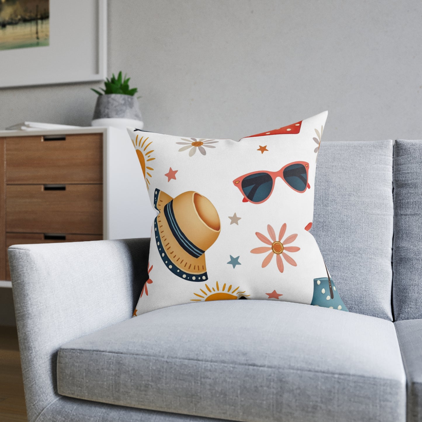 Sunny Day Square Pillow, bring a playful touch to any space. Its bright colours and fun patterns create a cheerful atmosphere.