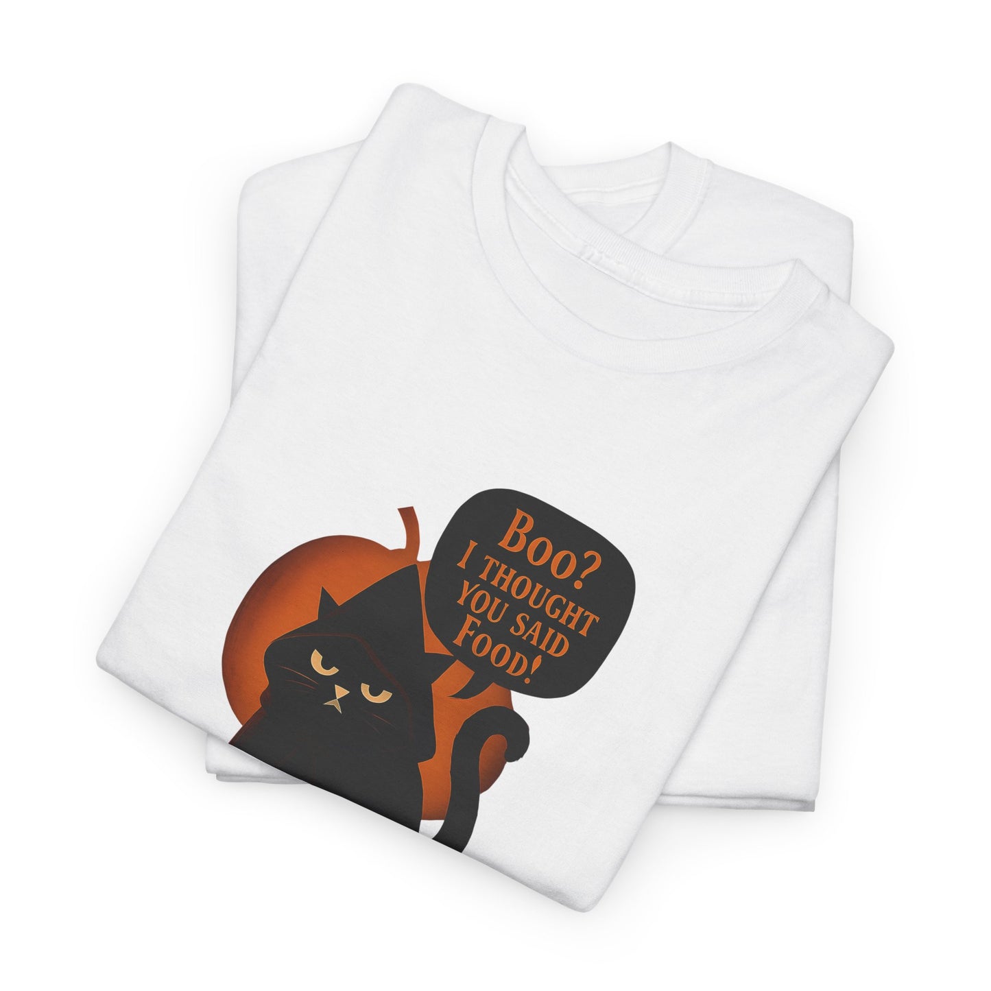 Boo? I Thought U Said Food Halloween T-Shirt, The funny fat cat illustration captures the heart of all who adore their feline friends, especially those who can't resist a chuckle over cat food antics.