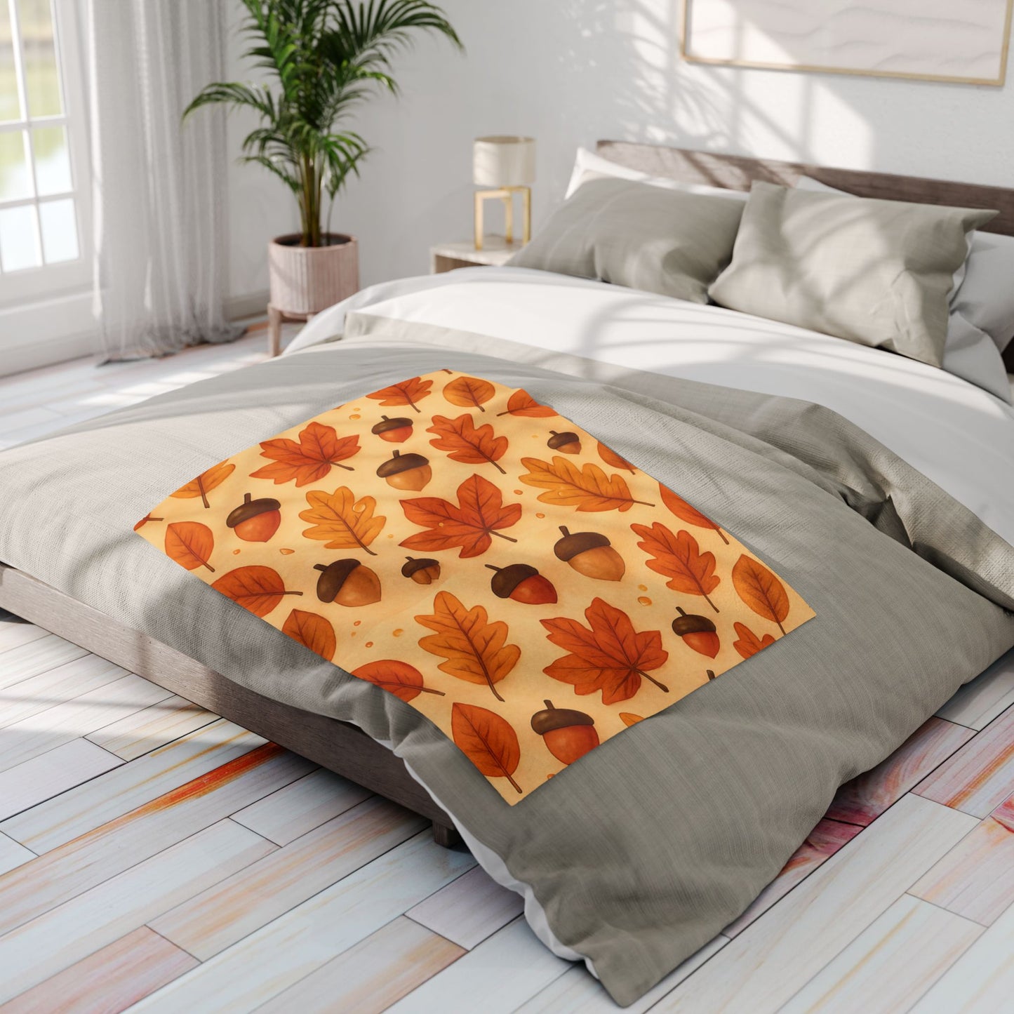 Autumnal Leaf Blanket Throw, This soft cozy blanket, adorned with intricate oak leaf acorn patterns, seamlessly captures the essence of the autumn eason