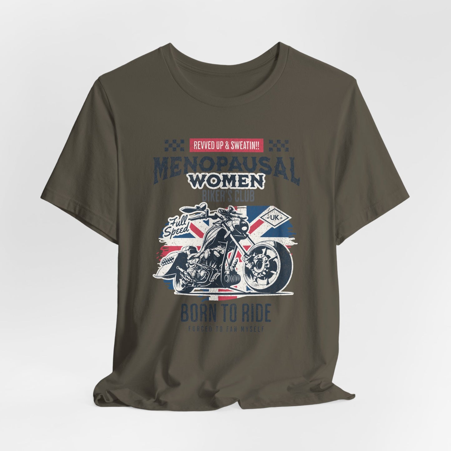 Menopausal Women's Biker Club T-Shirt, Menopause Humor Shirt, Female Biker Tee, Motorcycle Mom Gift, Moto Mama Shirt, Union Jack, Biker Babe