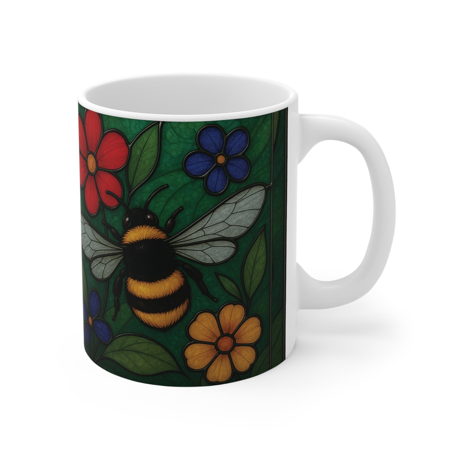 Bumblebee Mug Stained Glass Effect, Perfect for any bee lover, this bee coffee mug captures the delicate beauty of a bustling garden scene, making it an ideal bee lover gift or beekeeper gift.
