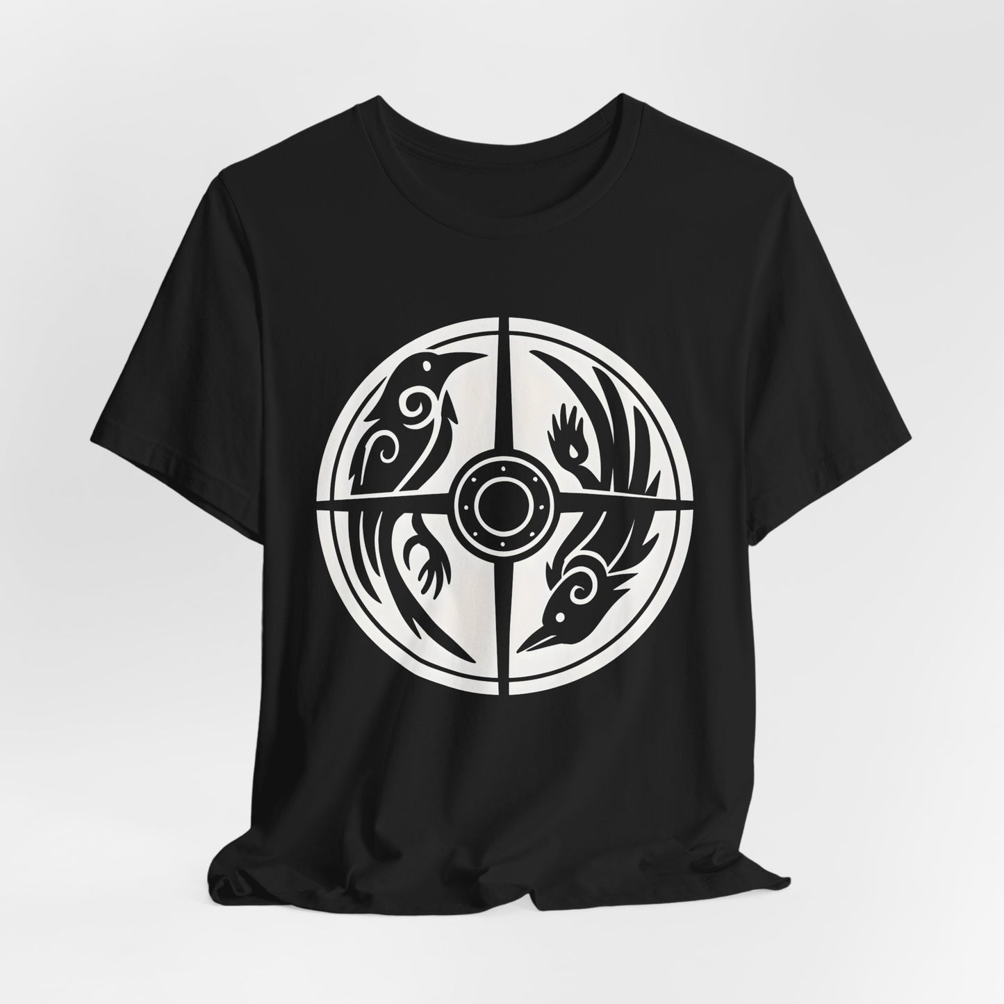 Norse Raven Shield T-shirt, Embrace the spirit of ancient warriors, an essential piece for any lover of Viking apparel.
