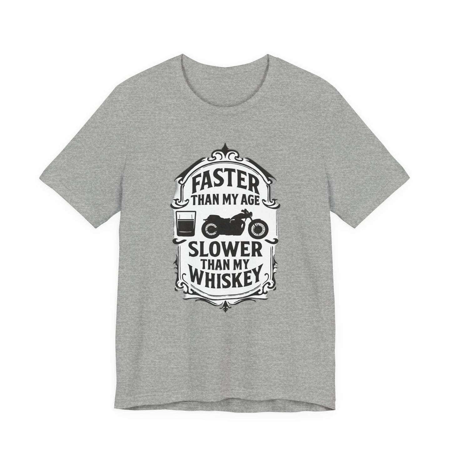 Faster Than My Age Slower Than My Whiskey T-shirt, This vintage-inspired motorbike tee is a salute to the open road, perfect as both biker apparel and a distinctive biker gift