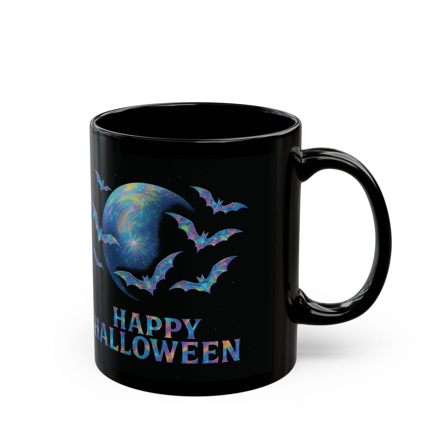 Happy Halloween Holographic Style Bat Mug, an essential addition to your coffee cup designs collection, celebrating the spooky season in style.