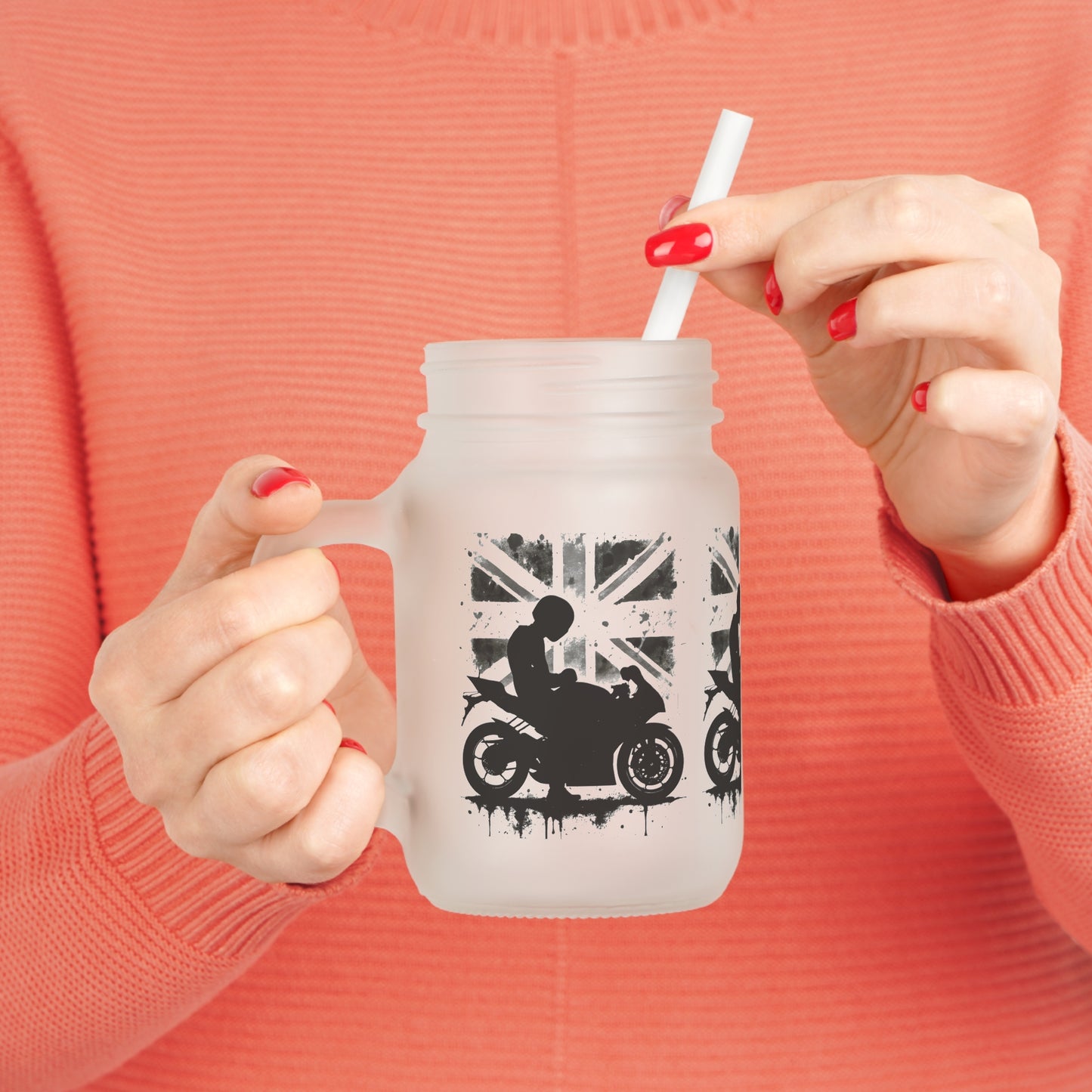 Union Jack Mason Jar with Straw, great Biker Dad Gift idea.