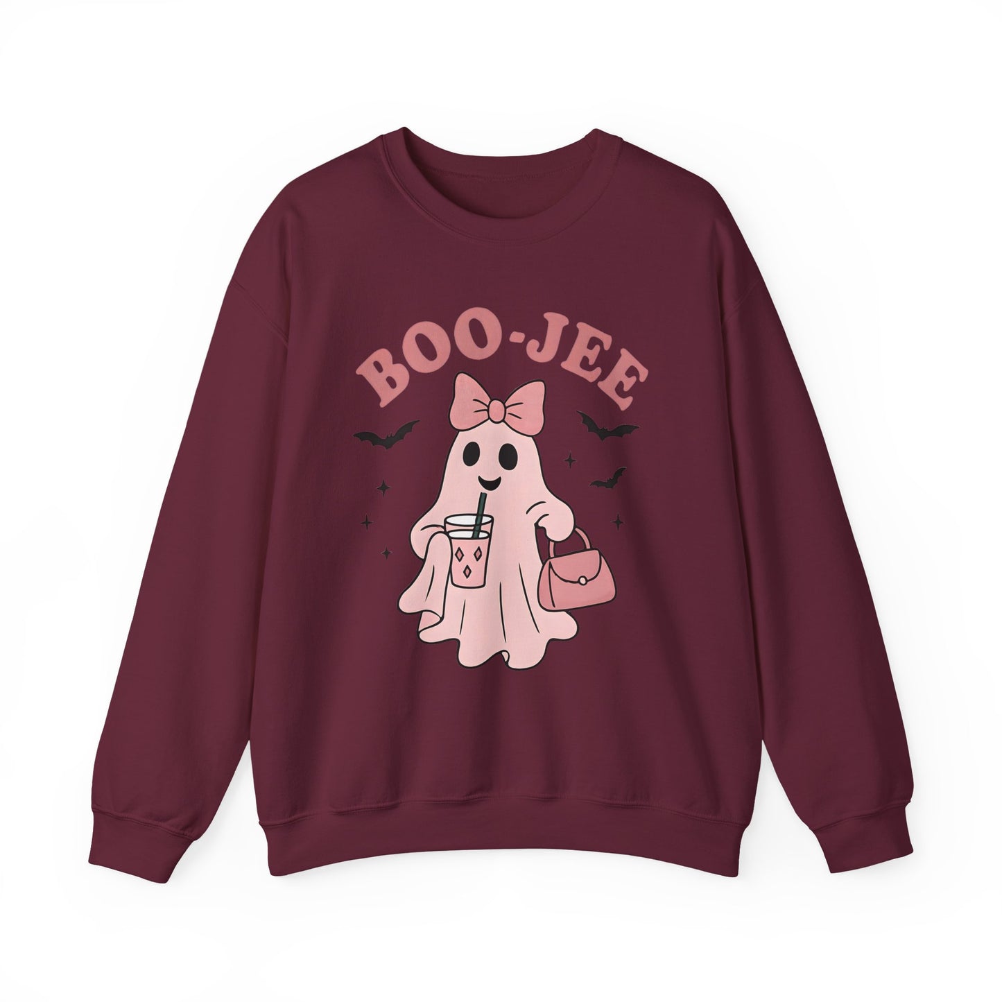 Boo-Jee Ghost Sweatshirt This playful garment, affectionately known as the boojee sweater, showcases charming ghosties adorned with a delightful pink bow.
