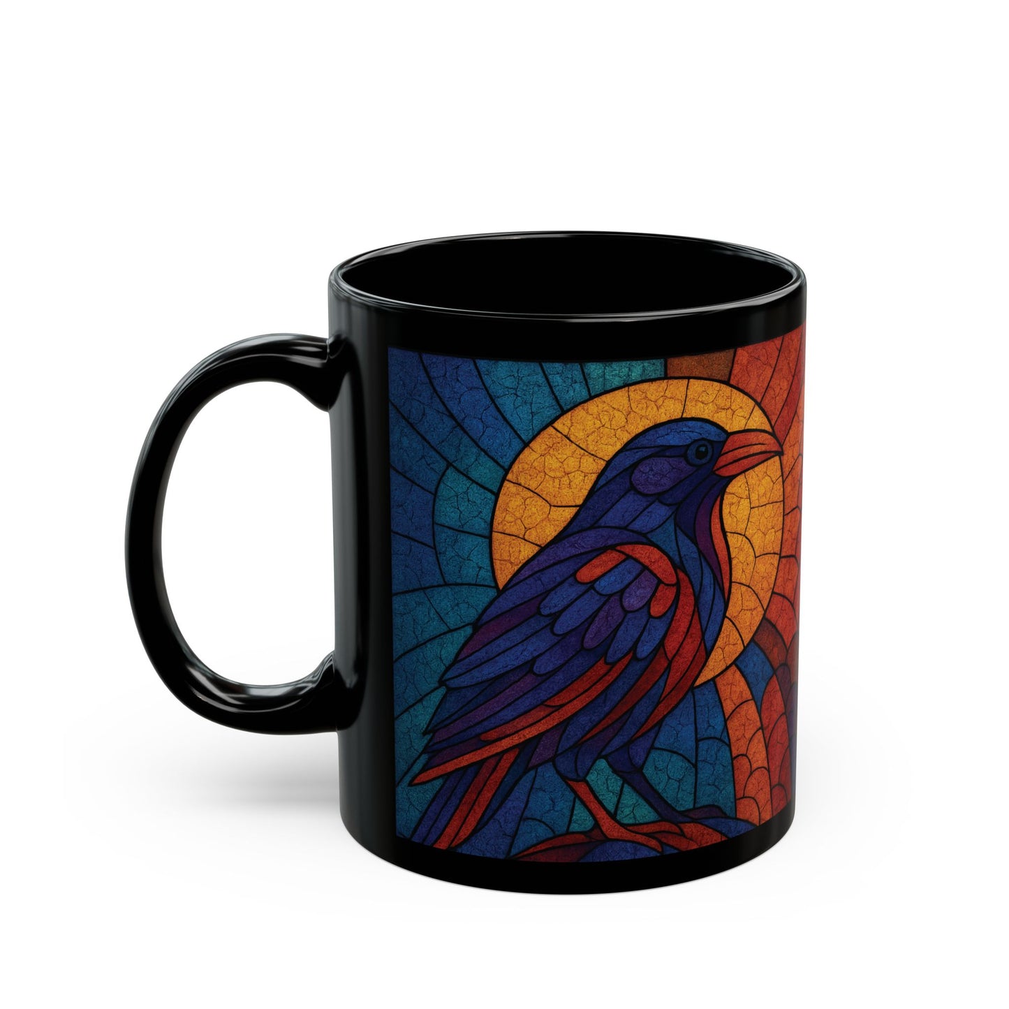 Raven Stained-Glass Effect Mug, This raven mug isn't just a drinkware item; it's an exquisite raven gift for those who cherish the mystique of these storied creatures.