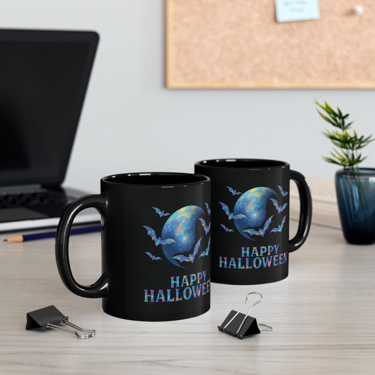 Happy Halloween Holographic Style Bat Mug, an essential addition to your coffee cup designs collection, celebrating the spooky season in style.