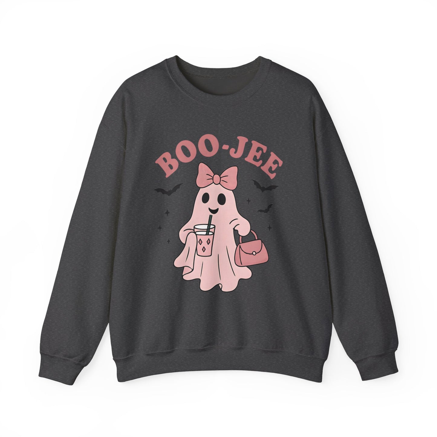 Boo-Jee Ghost Sweatshirt This playful garment, affectionately known as the boojee sweater, showcases charming ghosties adorned with a delightful pink bow.