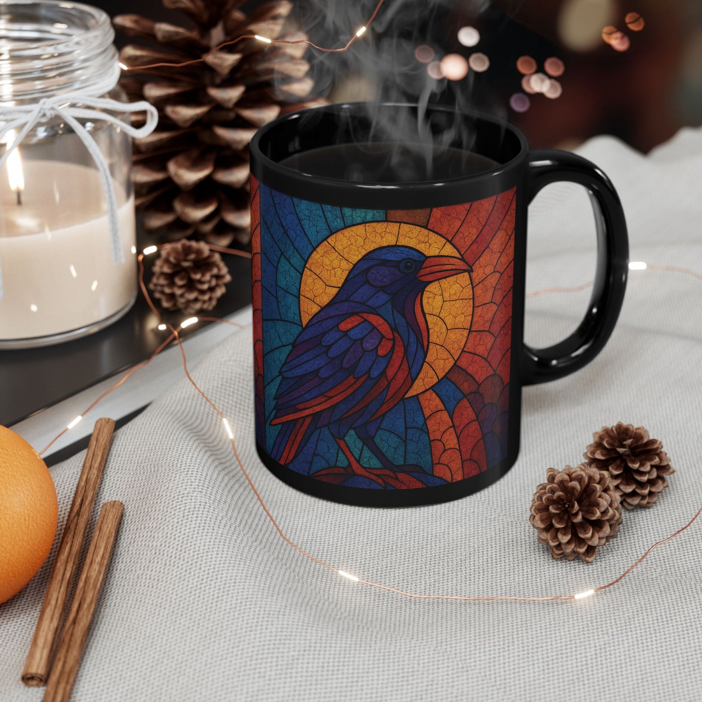 Raven Stained-Glass Effect Mug, This raven mug isn't just a drinkware item; it's an exquisite raven gift for those who cherish the mystique of these storied creatures.