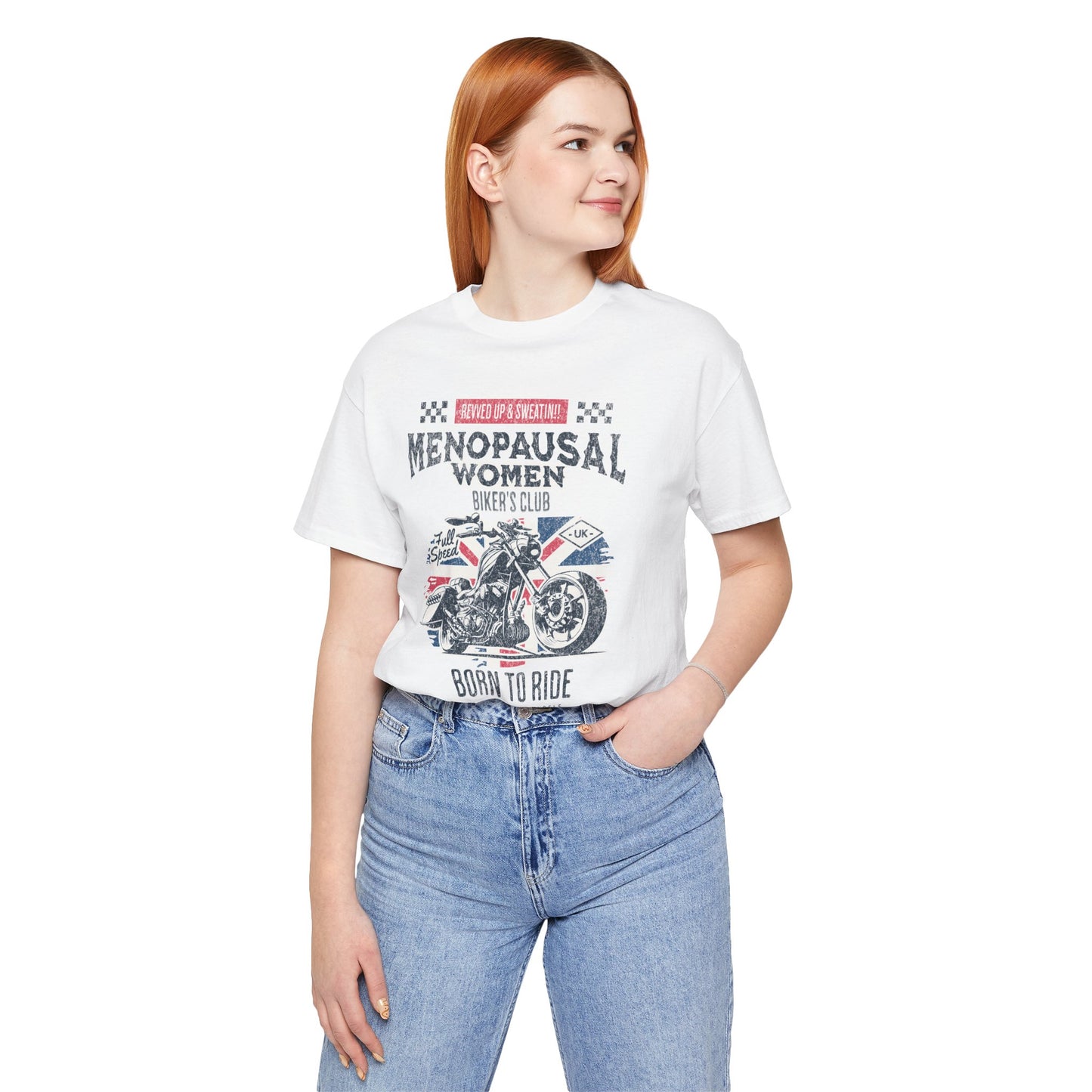 Menopausal Women's Biker Club T-Shirt, Menopause Humor Shirt, Female Biker Tee, Motorcycle Mom Gift, Moto Mama Shirt, Union Jack, Biker Babe