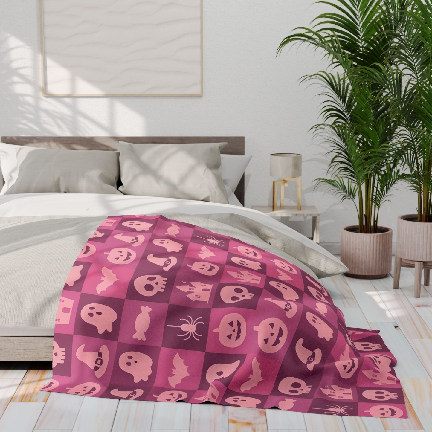Spooky Pink Halloween Blanket, perfect for adding a unique twist to your seasonal decor. Drape this plush pink ghost blanket over your sofa to invite a cozy, festive warmth