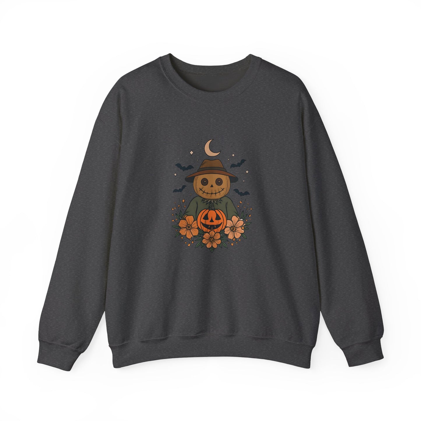 Cozy Halloween Sweatshirt with Scarecrow Design, The playful design featuring a whimsical scarecrow and autumnal elements creates a cheerful vibe, perfect for adding a festive touch to your wardrobe.