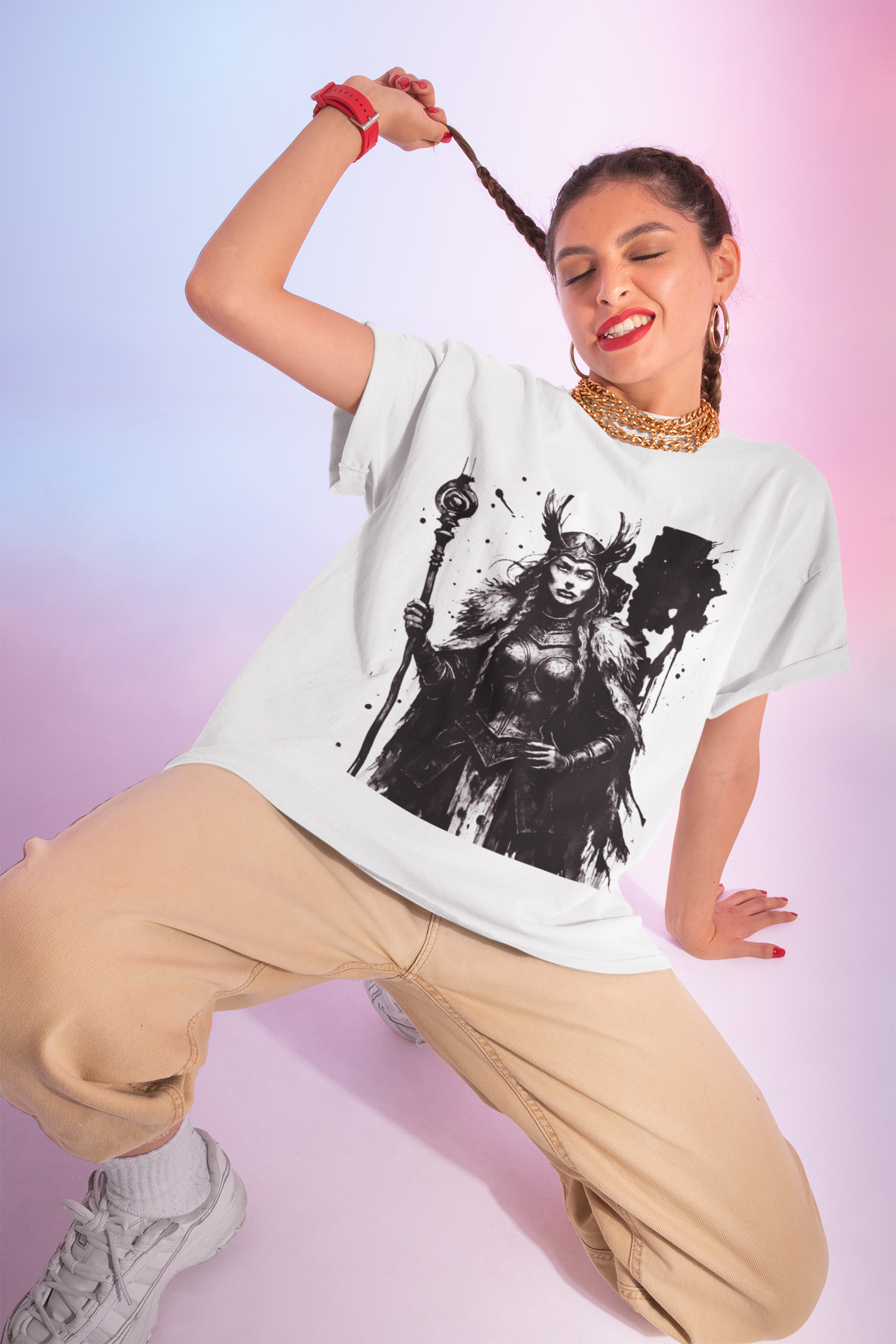 Frigg Norse Goddess T-shirt, captures the essence of Frigg, the revered Norse goddess, renowned in Nordic mythology as the embodiment of foresight and wisdom.