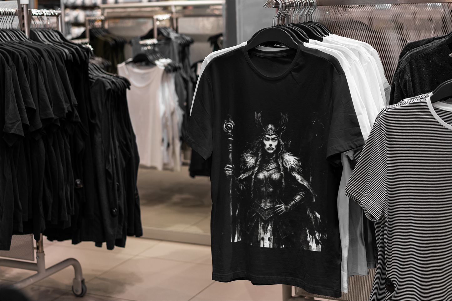 Frigg Norse Goddess T-shirt, captures the essence of Frigg, the revered Norse goddess, renowned in Nordic mythology as the embodiment of foresight and wisdom.