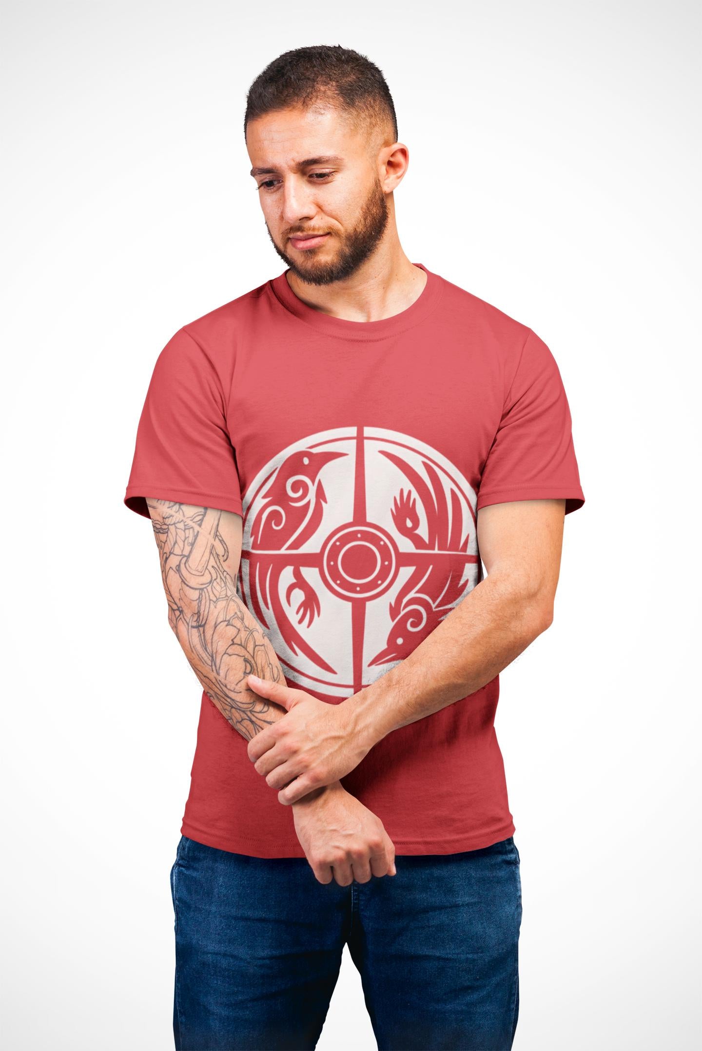Norse Raven Shield T-shirt, Embrace the spirit of ancient warriors, an essential piece for any lover of Viking apparel.