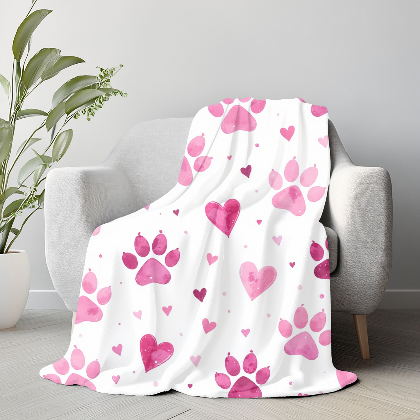 Fleece Blanket, Pink Paw Prints, perfect for pet lovers.