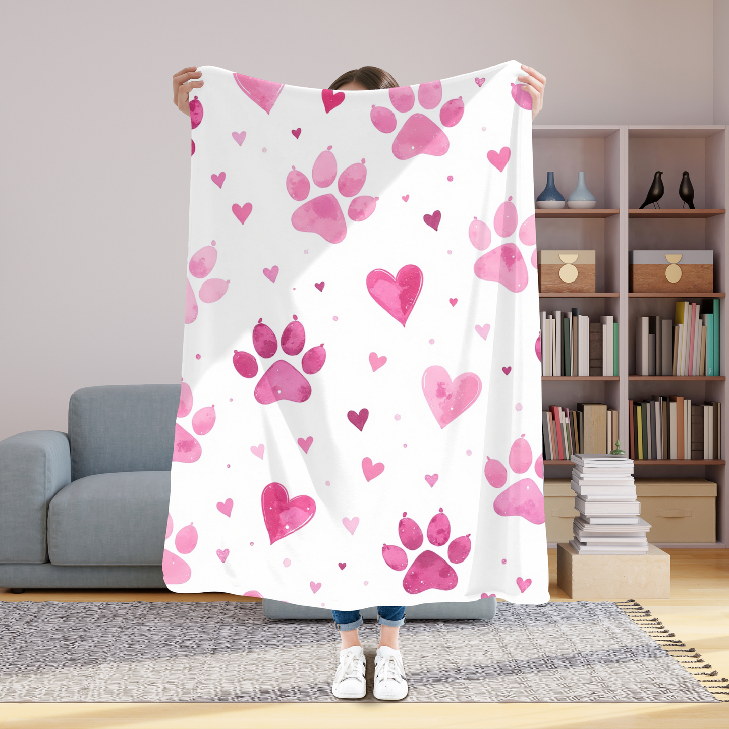 Fleece Blanket, Pink Paw Prints, perfect for pet lovers.