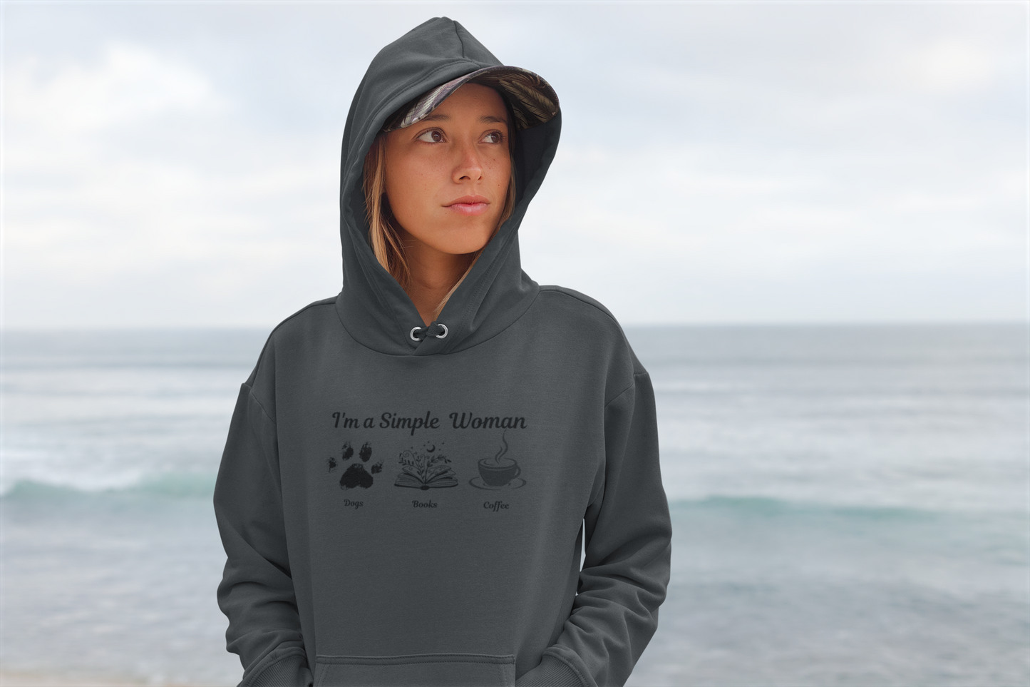 Simple Women Dog Book Coffee Lover Three-Panel Fleece Hoodie, perfect for dog, book & Coffee lovers who enjoy a relaxed and comfortable style.