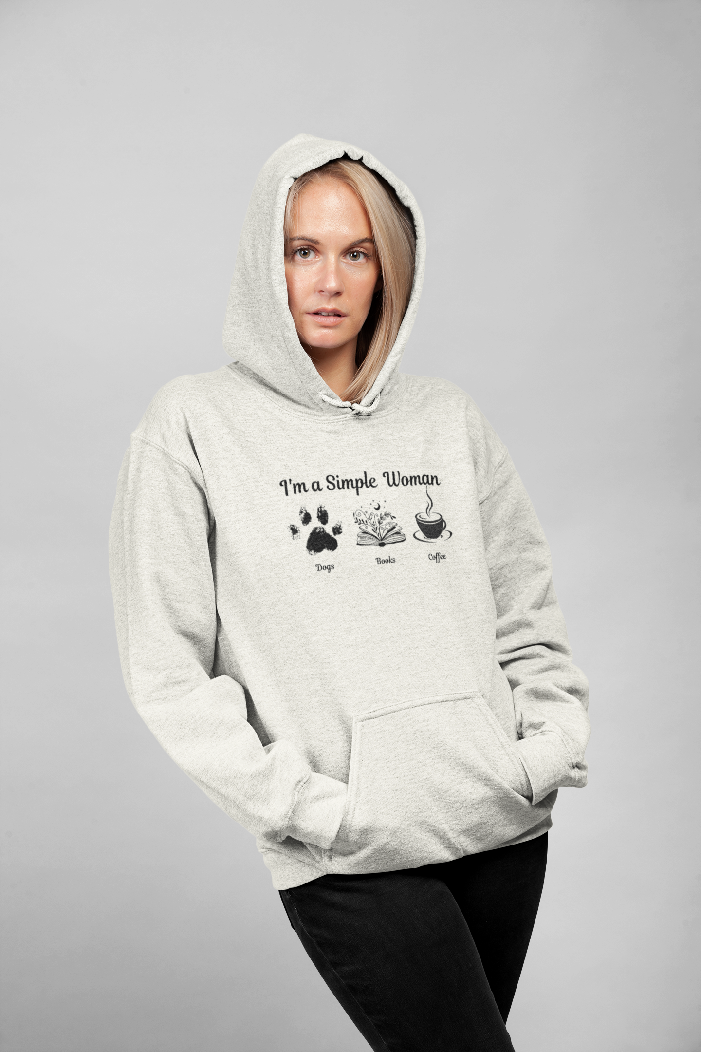 Simple Women Dog Book Coffee Lover Three-Panel Fleece Hoodie, perfect for dog, book & Coffee lovers who enjoy a relaxed and comfortable style.