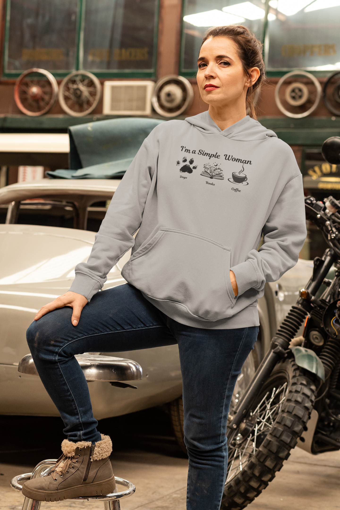 Simple Women Dog Book Coffee Lover Three-Panel Fleece Hoodie, perfect for dog, book & Coffee lovers who enjoy a relaxed and comfortable style.