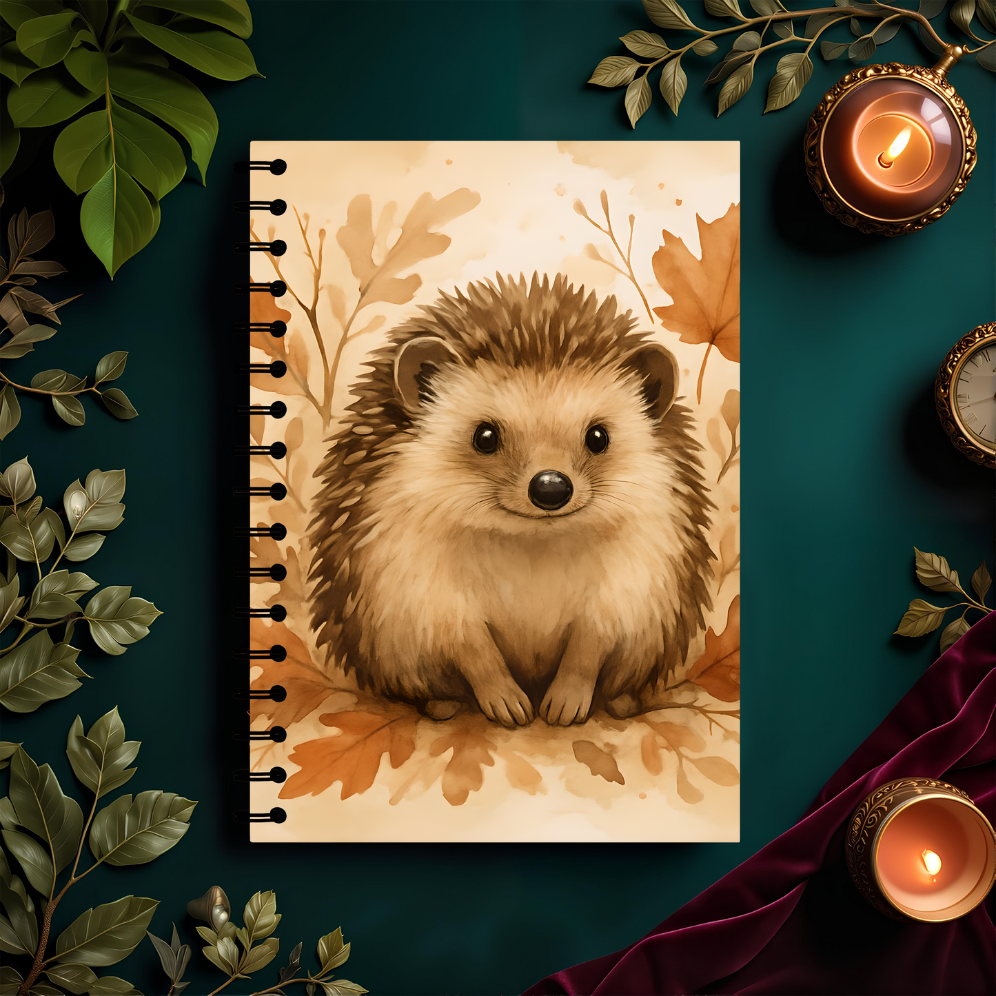 Autumn Hedgehog Notebook, This cute notebook spiral features delightful hedgehog image amidst an autumnal backdrop, capturing the heartwarming essence of a woodland creature.