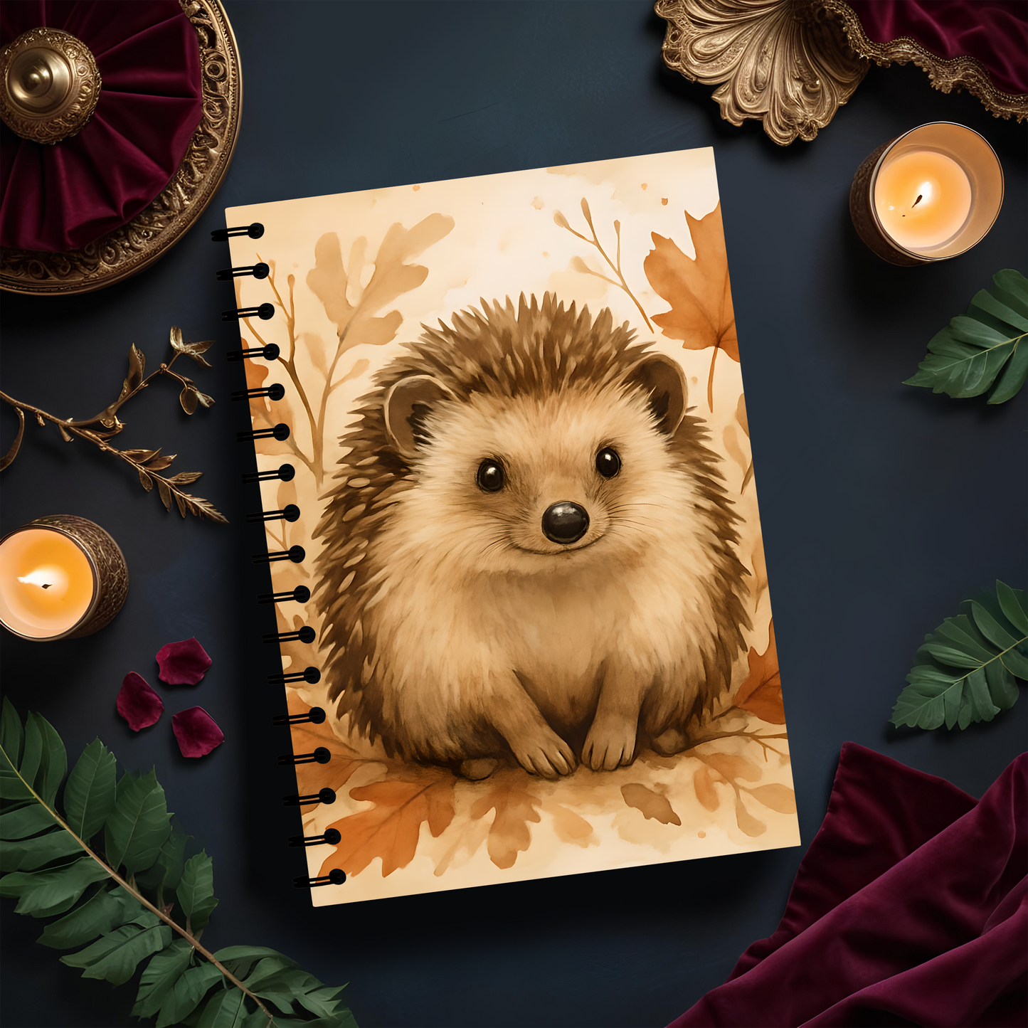 Autumn Hedgehog Notebook, This cute notebook spiral features delightful hedgehog image amidst an autumnal backdrop, capturing the heartwarming essence of a woodland creature.
