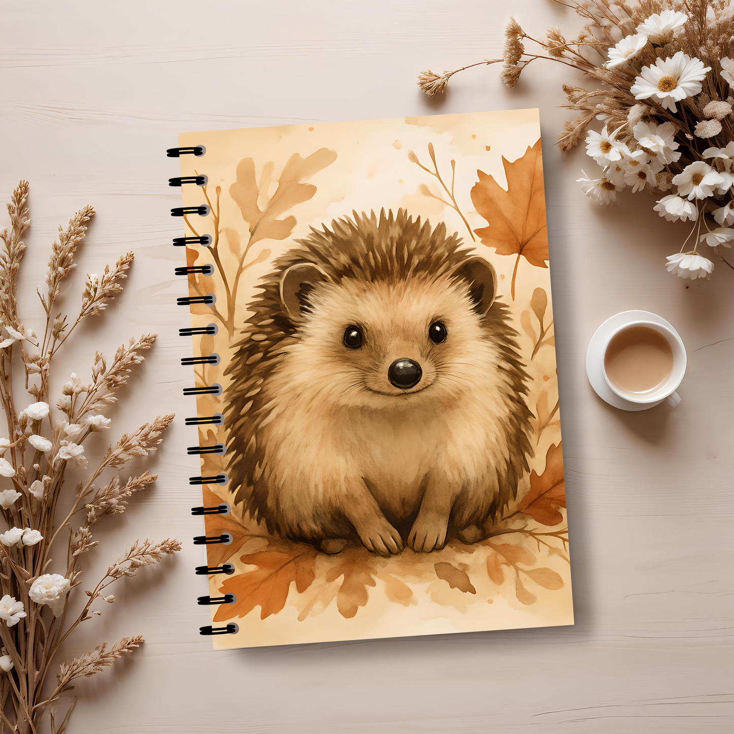 Autumn Hedgehog Notebook, This cute notebook spiral features delightful hedgehog image amidst an autumnal backdrop, capturing the heartwarming essence of a woodland creature.