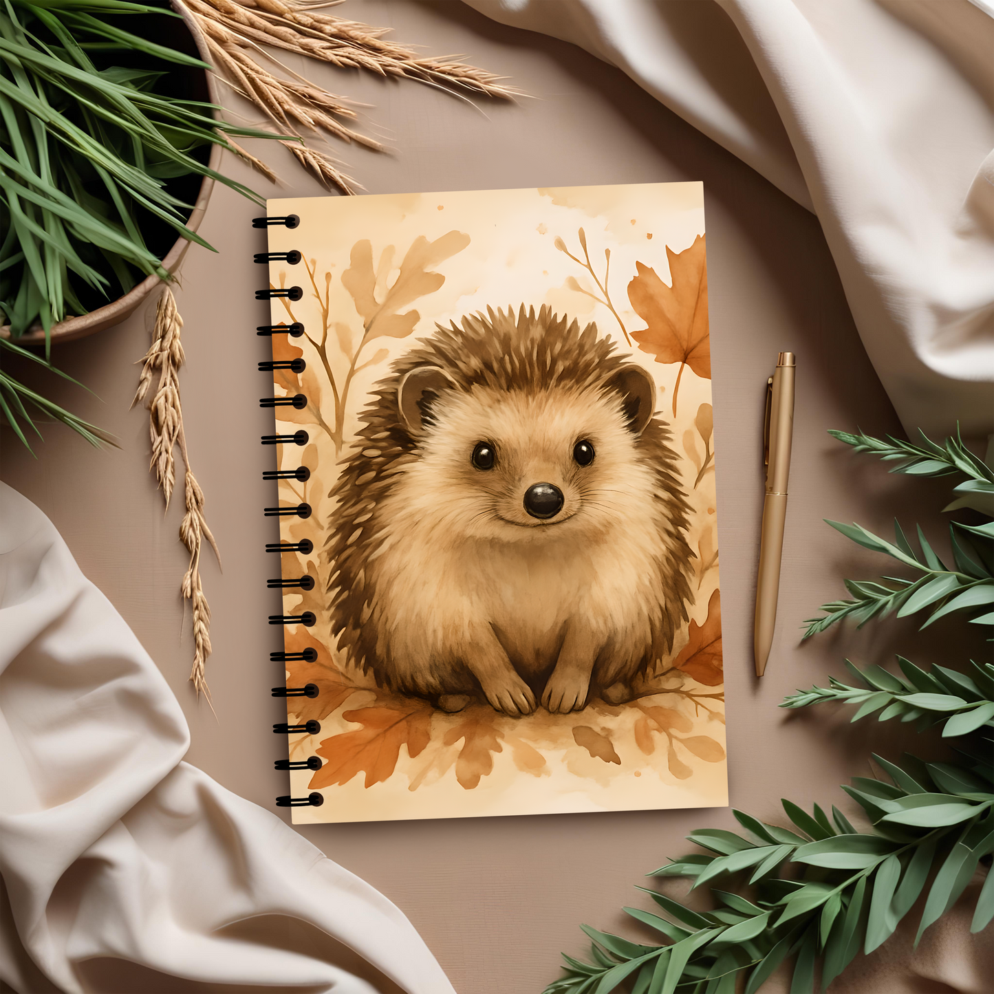 Autumn Hedgehog Notebook, This cute notebook spiral features delightful hedgehog image amidst an autumnal backdrop, capturing the heartwarming essence of a woodland creature.