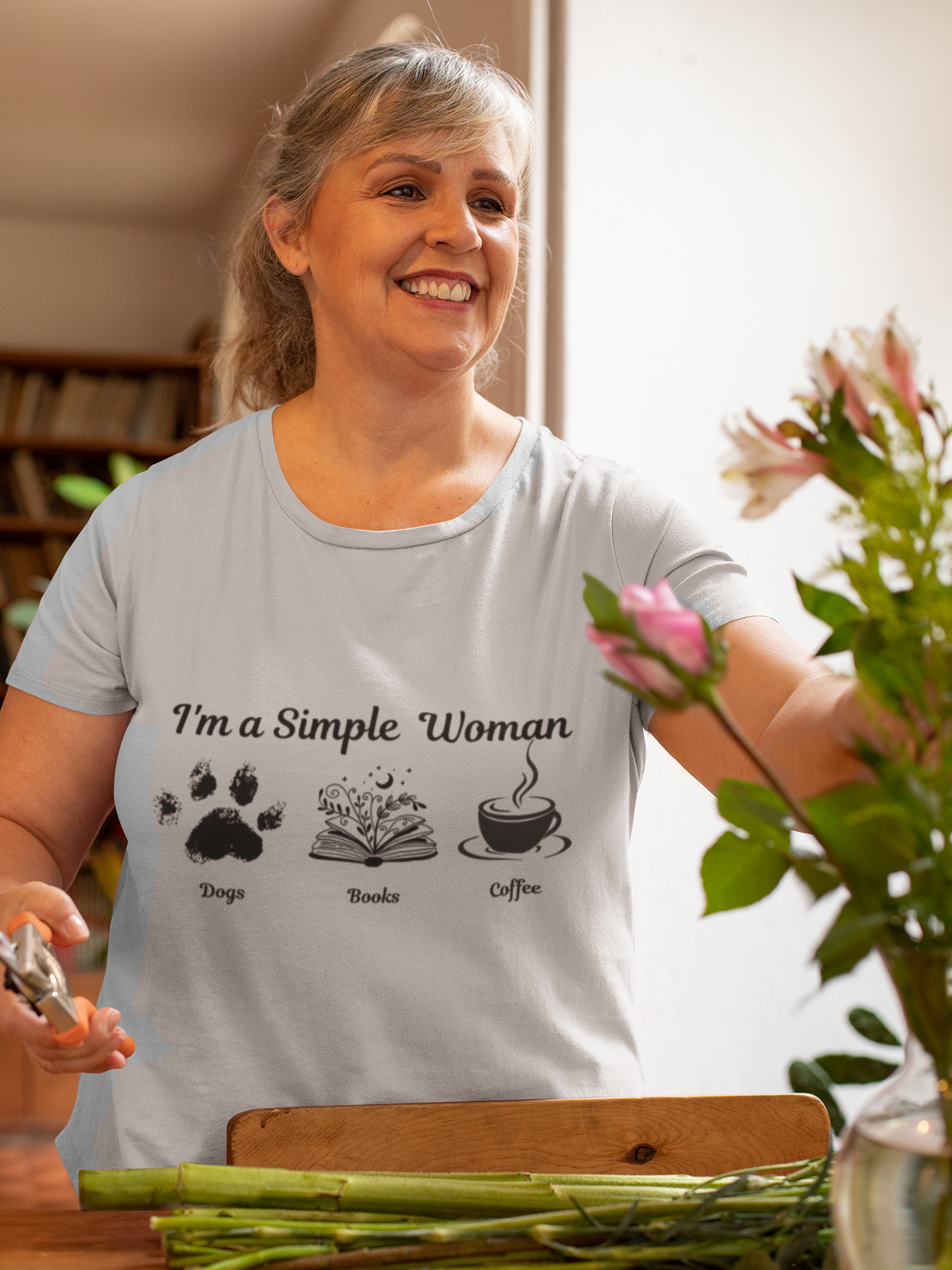 I'm a Simple Woman T Shirt, Paw Print Shirt, express your pet love and book nerd vibes whilst sipping on your caffine fix.