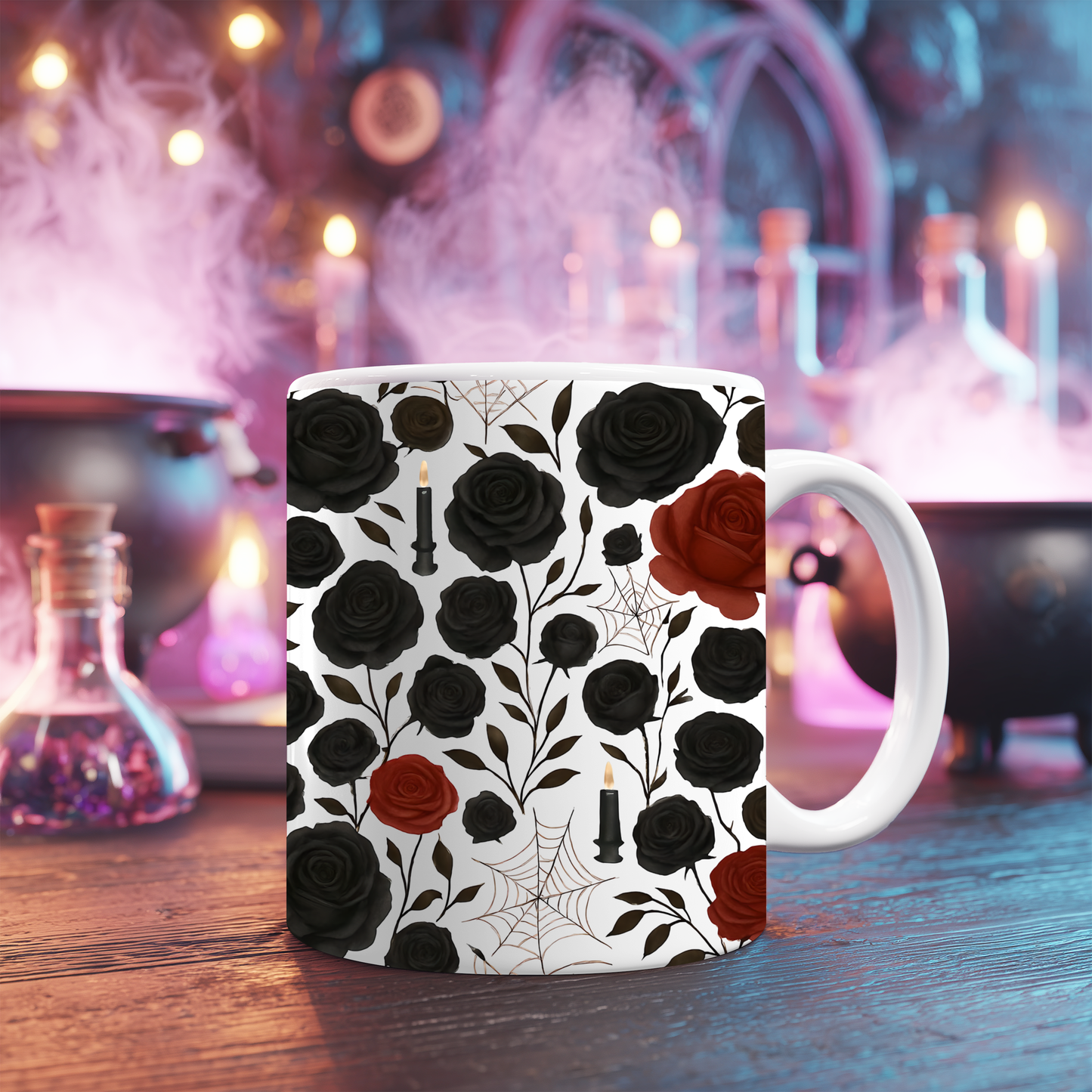 Gothic Rose Halloween Mug, a mystical blend of elegance and enchantment,adorned with intricately designed roses, making every sip feel like a spellbinding experience, Perfect for your morning brew.