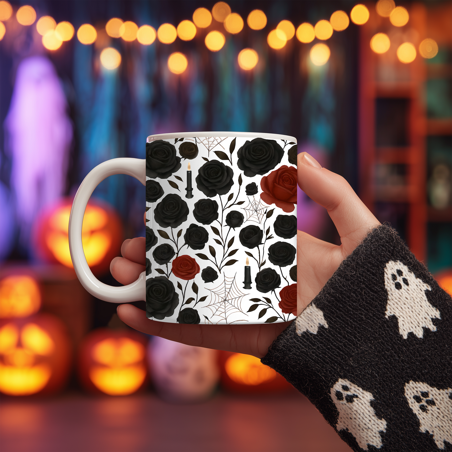 Gothic Rose Halloween Mug, a mystical blend of elegance and enchantment,adorned with intricately designed roses, making every sip feel like a spellbinding experience, Perfect for your morning brew.