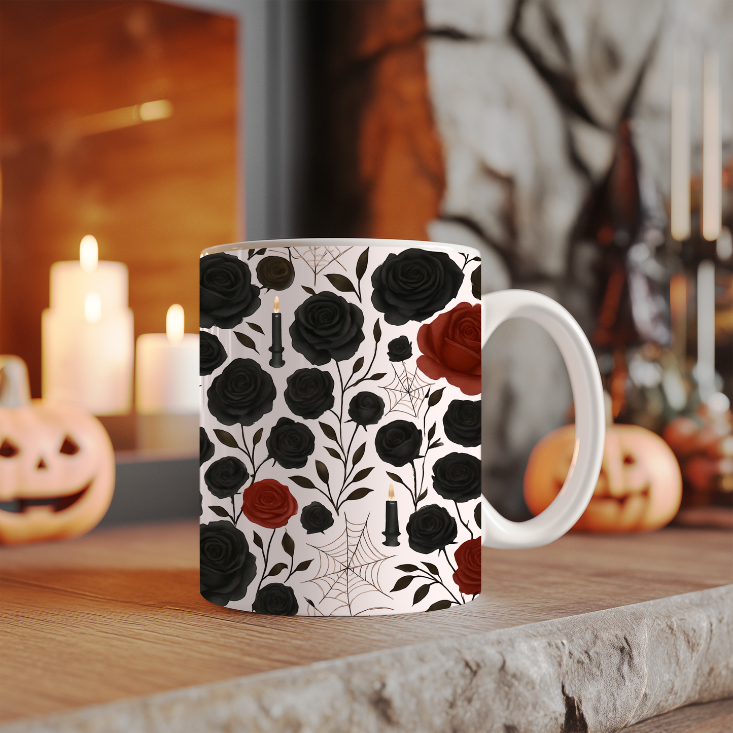 Gothic Rose Halloween Mug, a mystical blend of elegance and enchantment,adorned with intricately designed roses, making every sip feel like a spellbinding experience, Perfect for your morning brew.