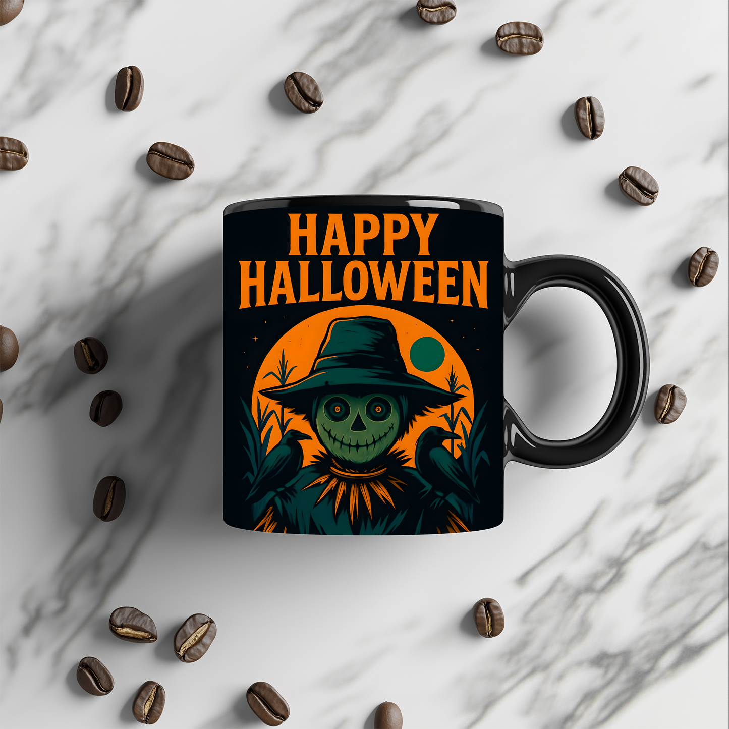 Happy Halloween Scarecrow Mug, This spooky mug is a delightful fusion of vibrant autumn hues and charmingly eerie designs, perfect for your morning brew.