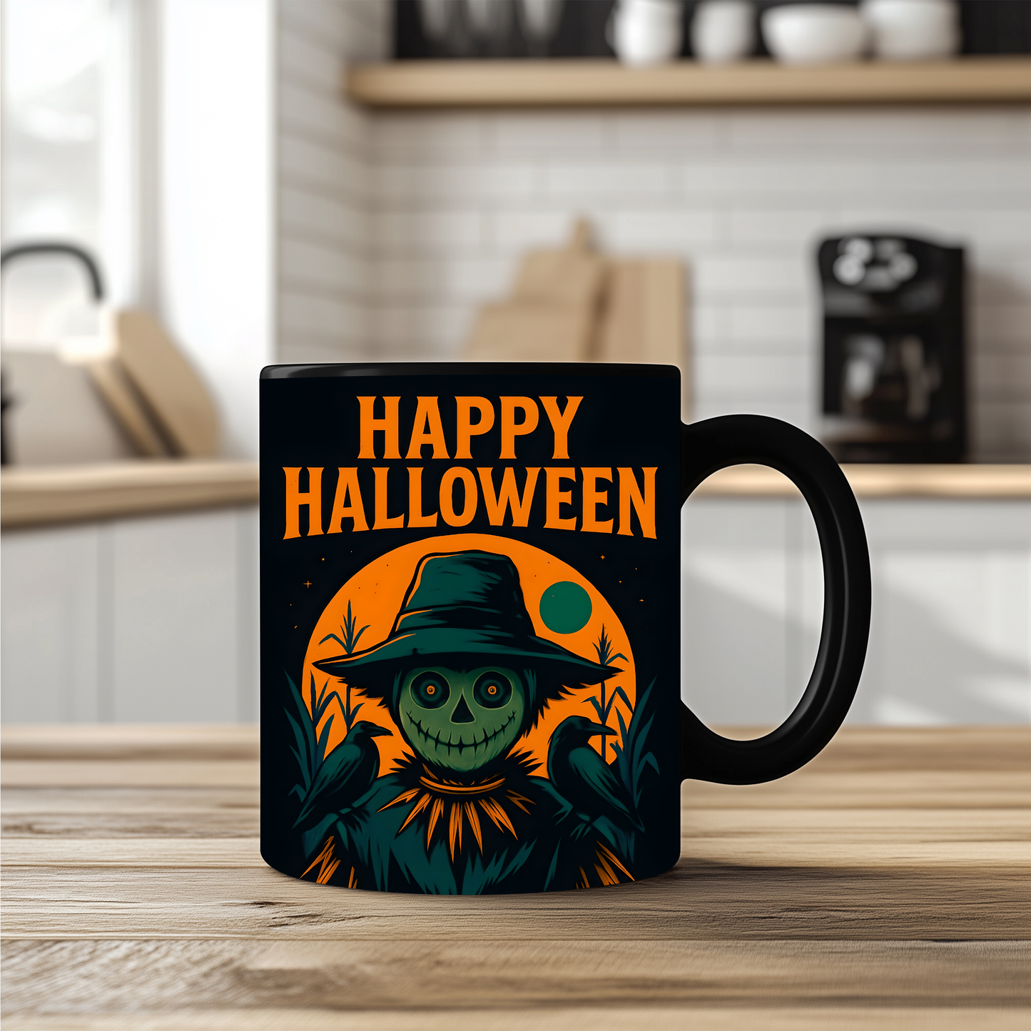 Happy Halloween Scarecrow Mug, This spooky mug is a delightful fusion of vibrant autumn hues and charmingly eerie designs, perfect for your morning brew.